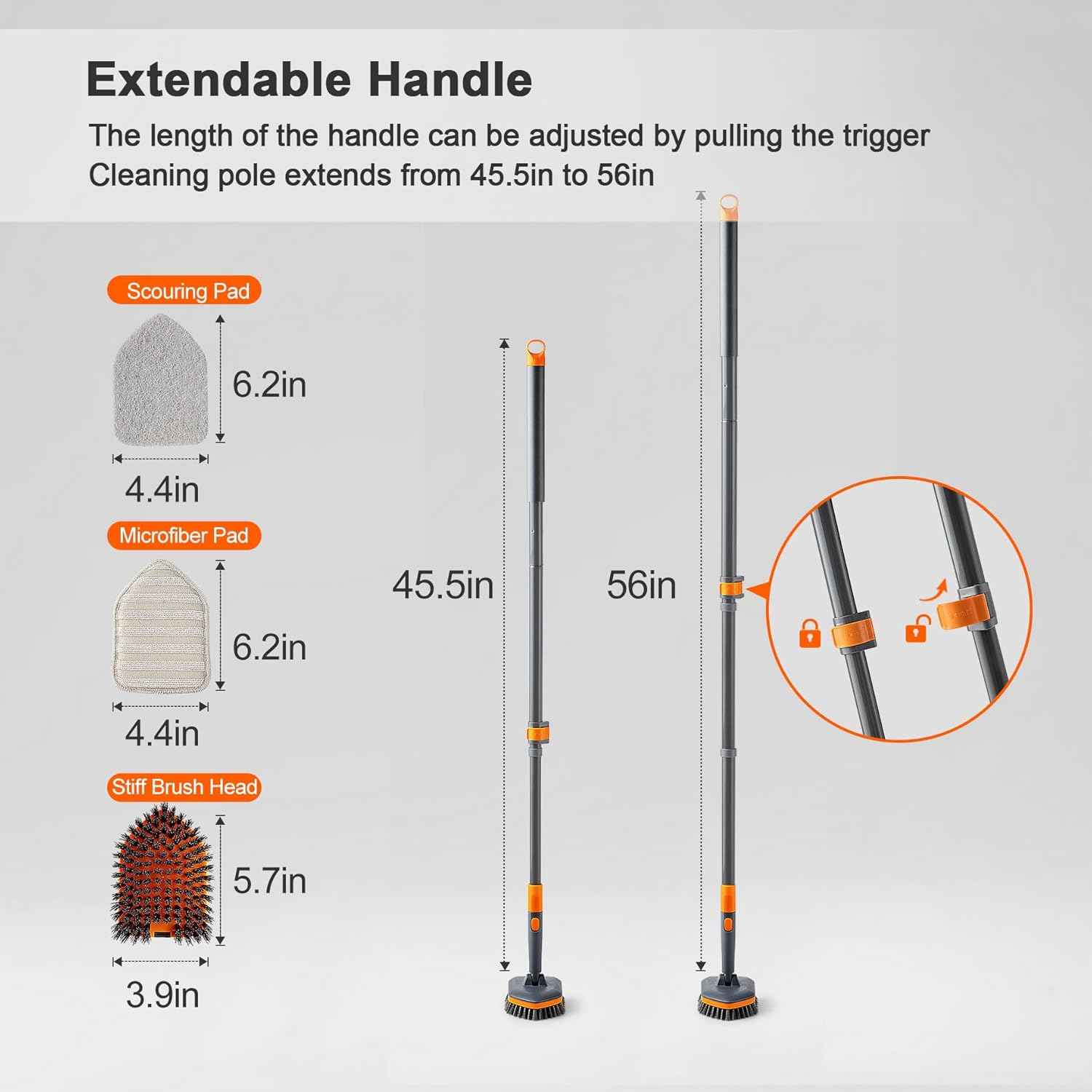 Tile Tub Scrubber Brush with 3 Different Function Cleaning Heads and 56" Extendable Long Handle-No Scratch Shower Scrubber for Cleaning Bathroom Kitchen Toilet Wall,Bathtub,Sink,Grey