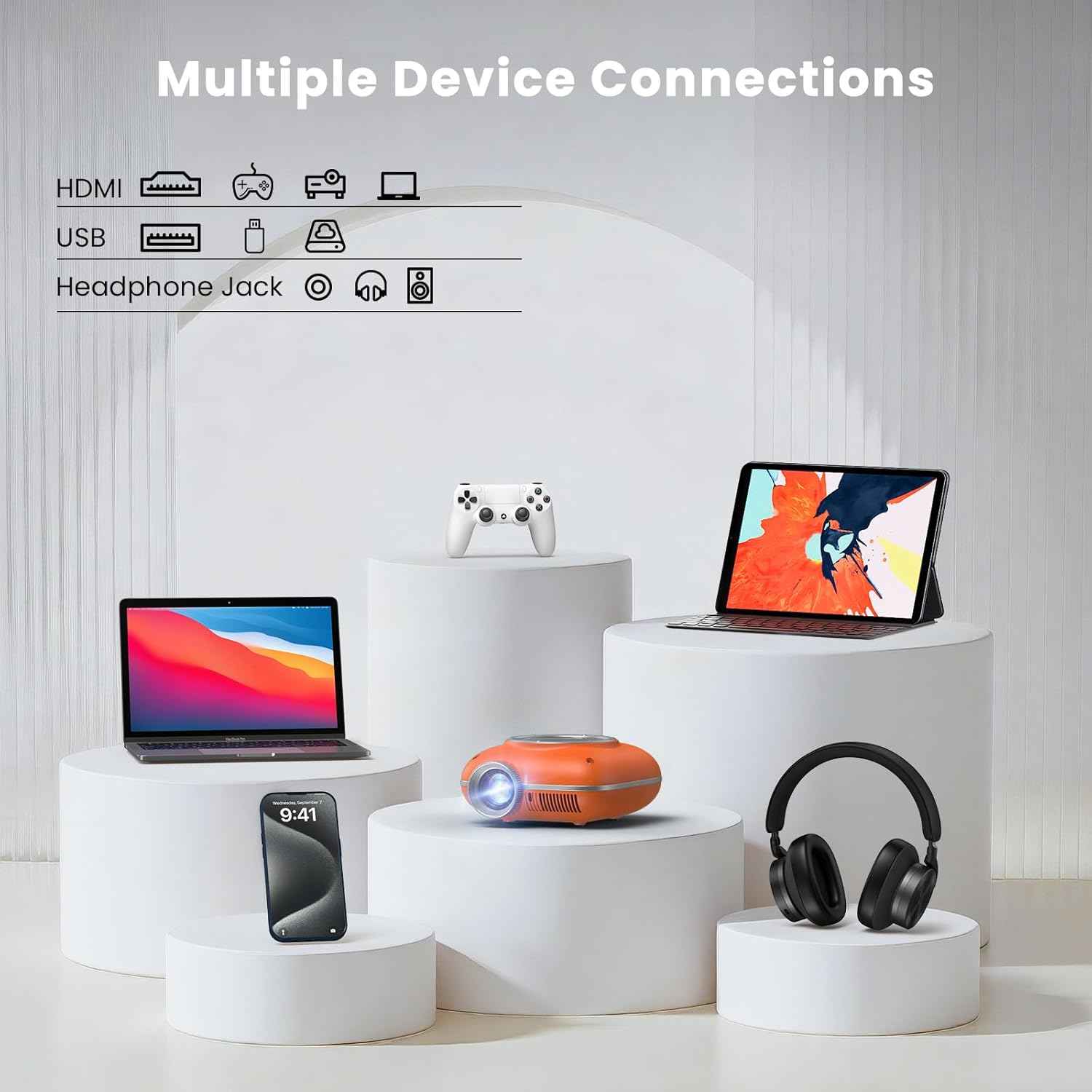 HOMPOW Mini Projector with Two -Way Bluetooth, Portable Projector for Home Theater Use, Support 1080P for Outdoor Projector/Movie Projector Compatible with HDMI, USB, Laptop, TV Stick (Orange)