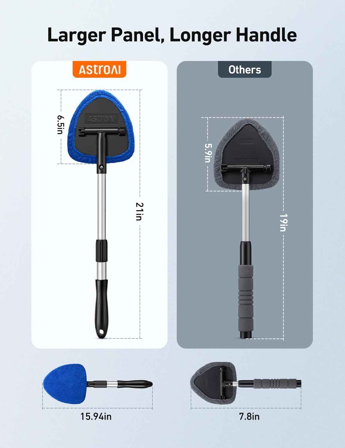 AstroAI Windshield Cleaner Tool, Car Interior Detailing Cleaning Kit with Extendable Handle and 4 Upgraded High-Density Reusable Microfiber Pads, Auto Glass Wiper Brush Kit for Cars, Blue, 15.9in-21in
