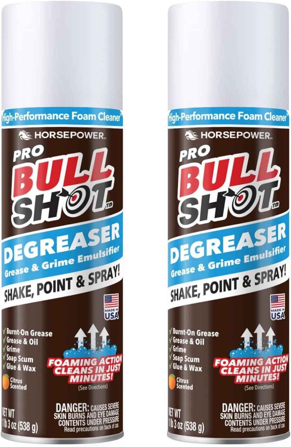 Bull Shot Degreaser Pro, Foaming Degreaser & Grime Remover, Heavy-Duty, AS SEEN ON TV, Residue-Free, Shake, Point & Spray, Emulsifies Grease, Oil Splatters, Glue, Tape Residue & More - Made in the USA
