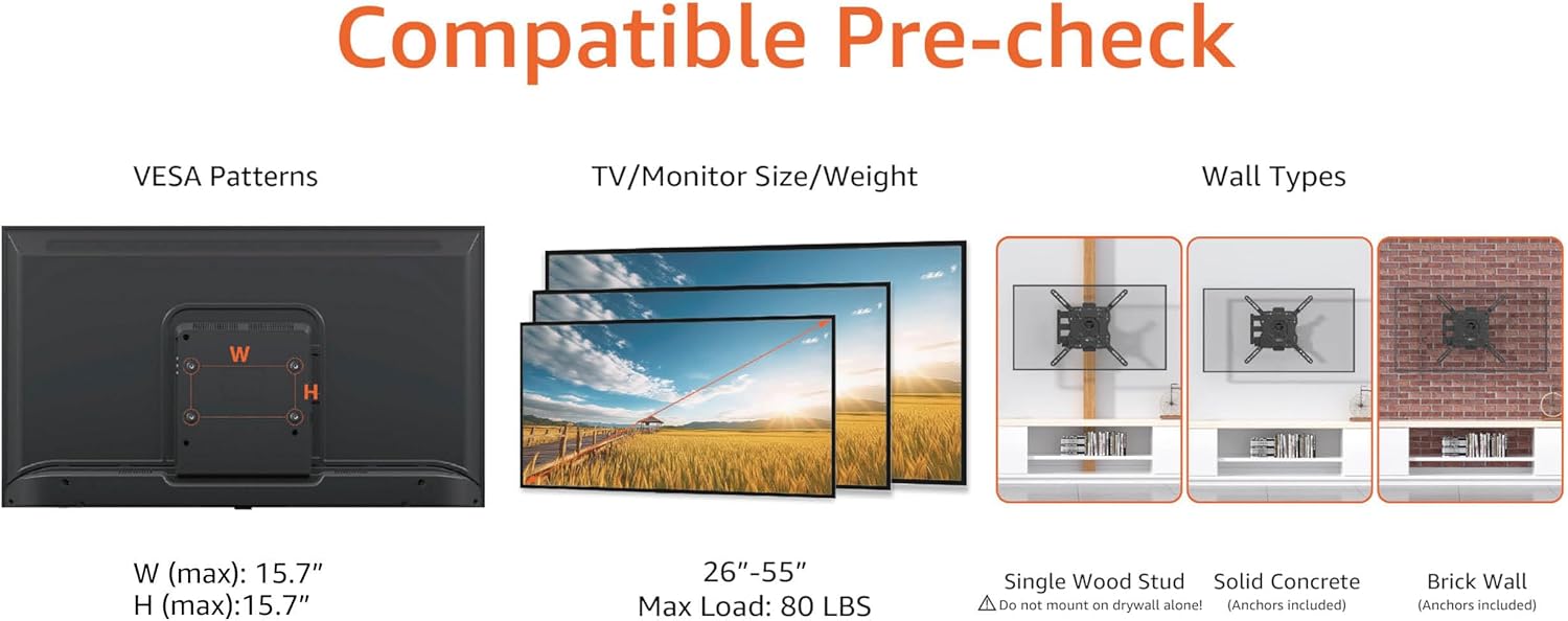 Amazon Basics Full Motion Articulating TV Wall Mount, with Swivel and Tilt, for 26" to 55" TVs and Flat Panels up to 80 Lbs, VESA Compatible, Single Stud, Black