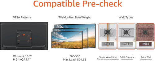 Amazon Basics Full Motion Articulating TV Wall Mount, with Swivel and Tilt, for 26" to 55" TVs and Flat Panels up to 80 Lbs, VESA Compatible, Single Stud, Black