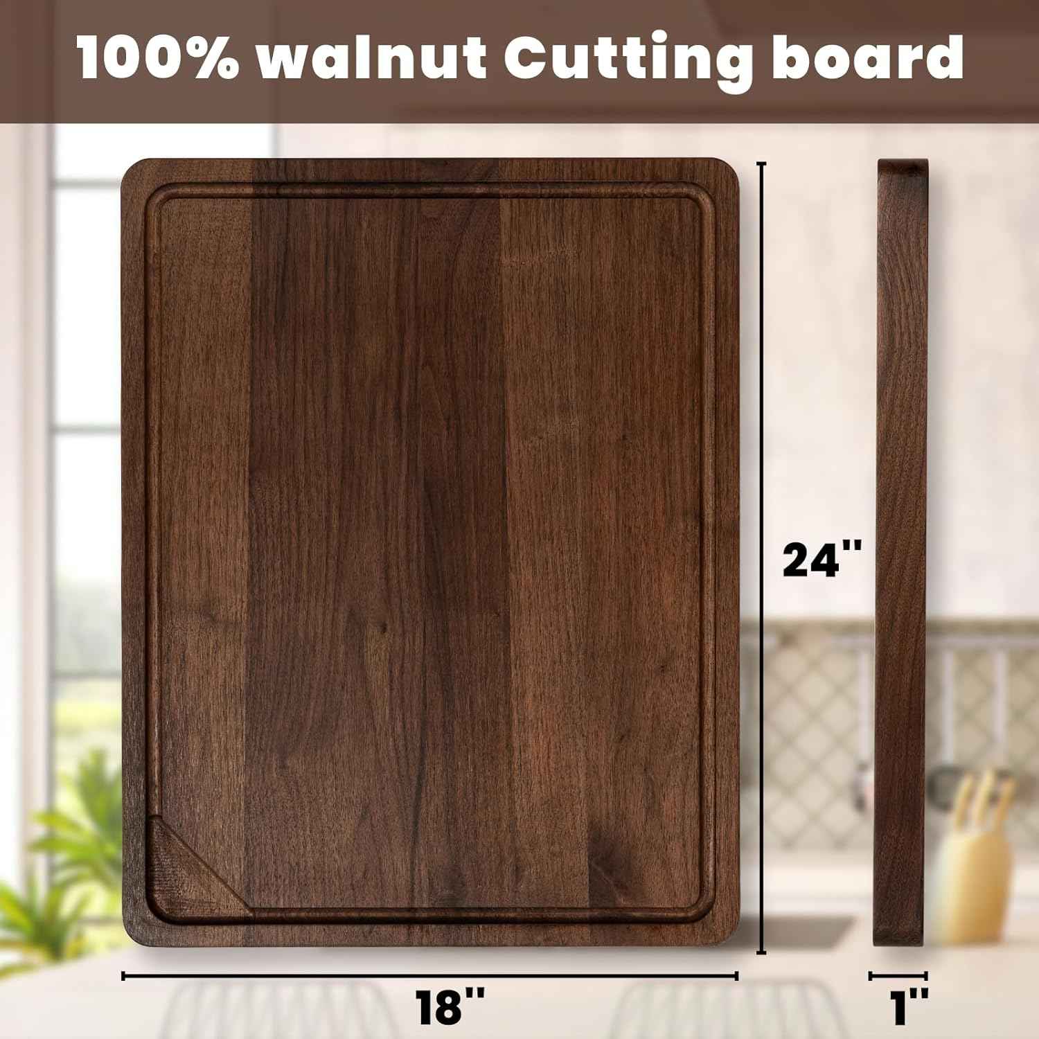 Heimlove Walnut Wood Cutting Board for Kitchen, 24"x18" Reversible Wooden Chopping Board with Deep Juice Grooves and Handles, Natural Walnut Wood Cutting Board for Chopping, Cheese, Vegetables