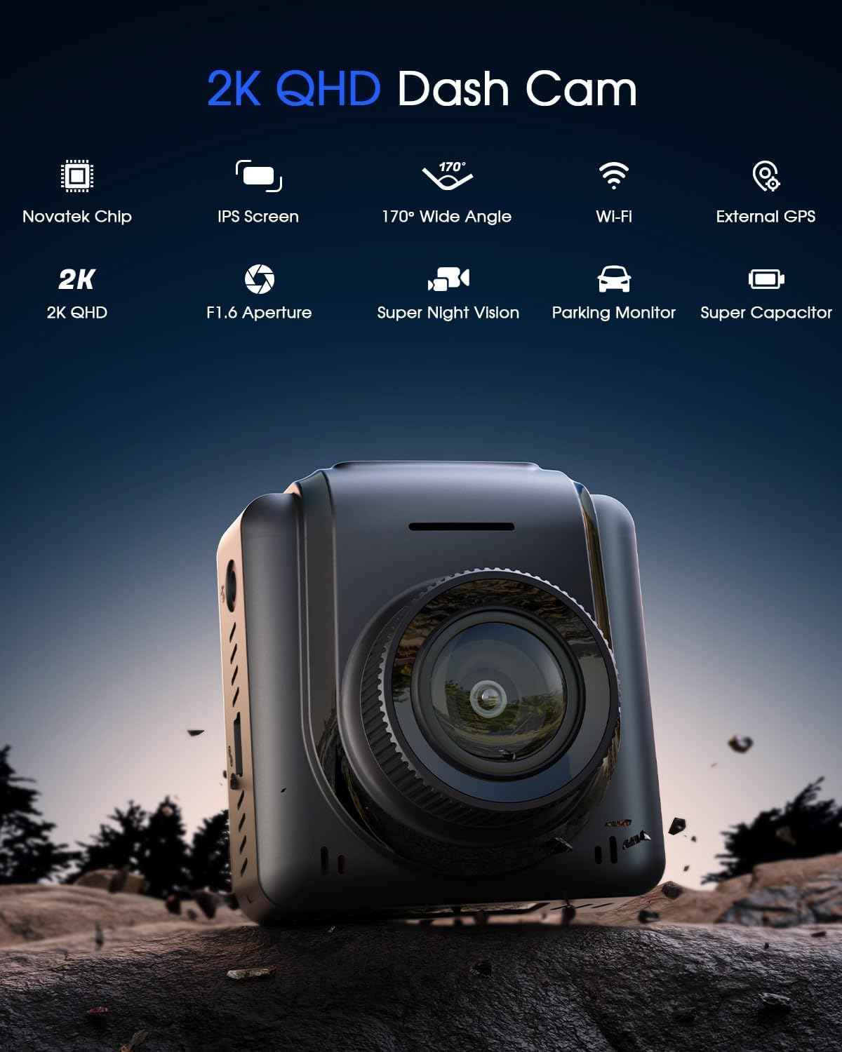 Dash Cam 2K, WiFi Dashcams with APP, External GPS, 1.5'' IPS Screen, Front Dash Camera for Cars, Mini Car Camera, WDR Night Vision, 24H Parking Monitor, Loop Recording, G-Sensor