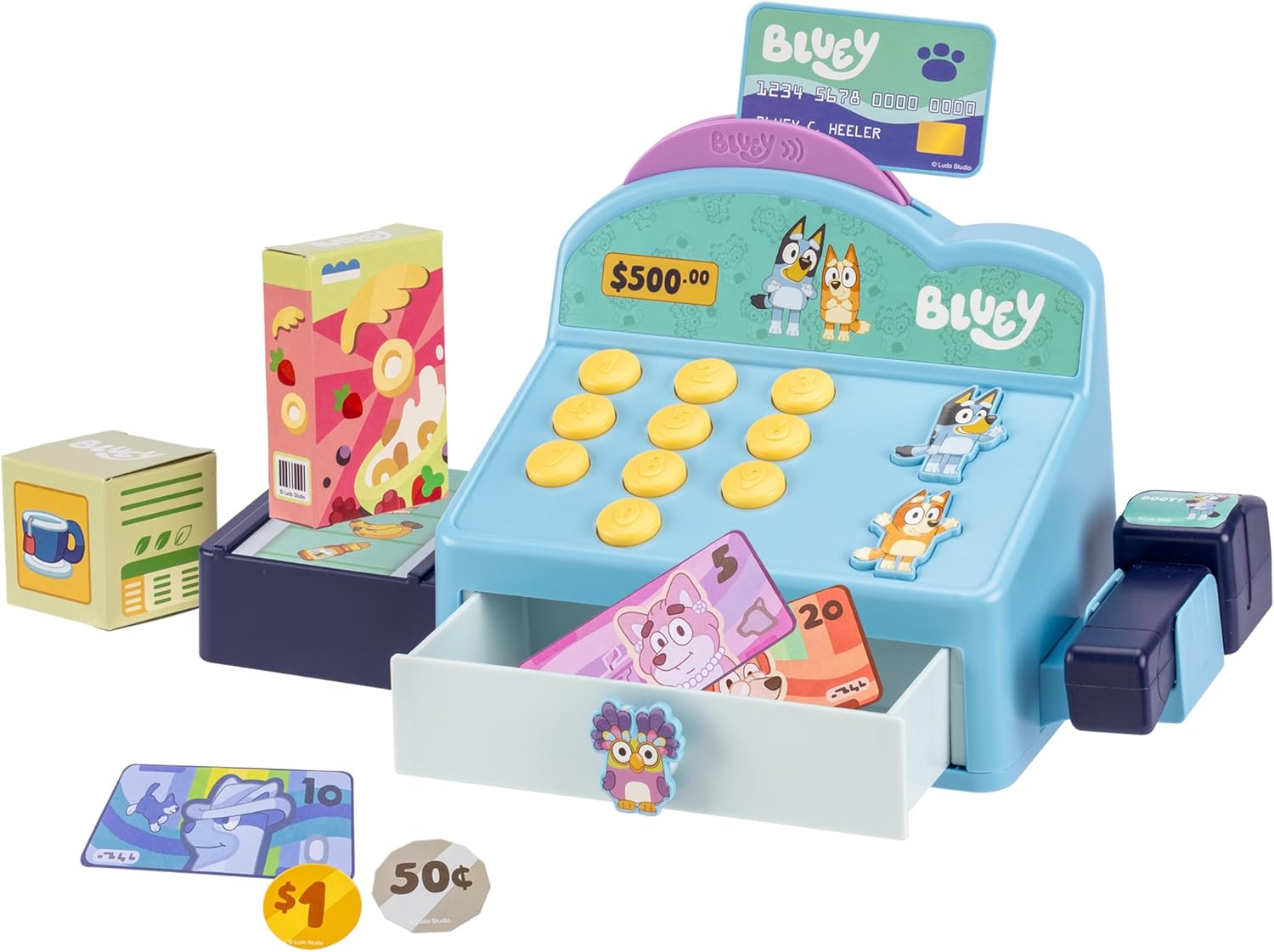 Bluey Cash Register Playset, Interactive Play Register with Scanner | Includes toy credit card, Dollar Bucks, storage drawer, and detachable scanner for grocery store pretend play
