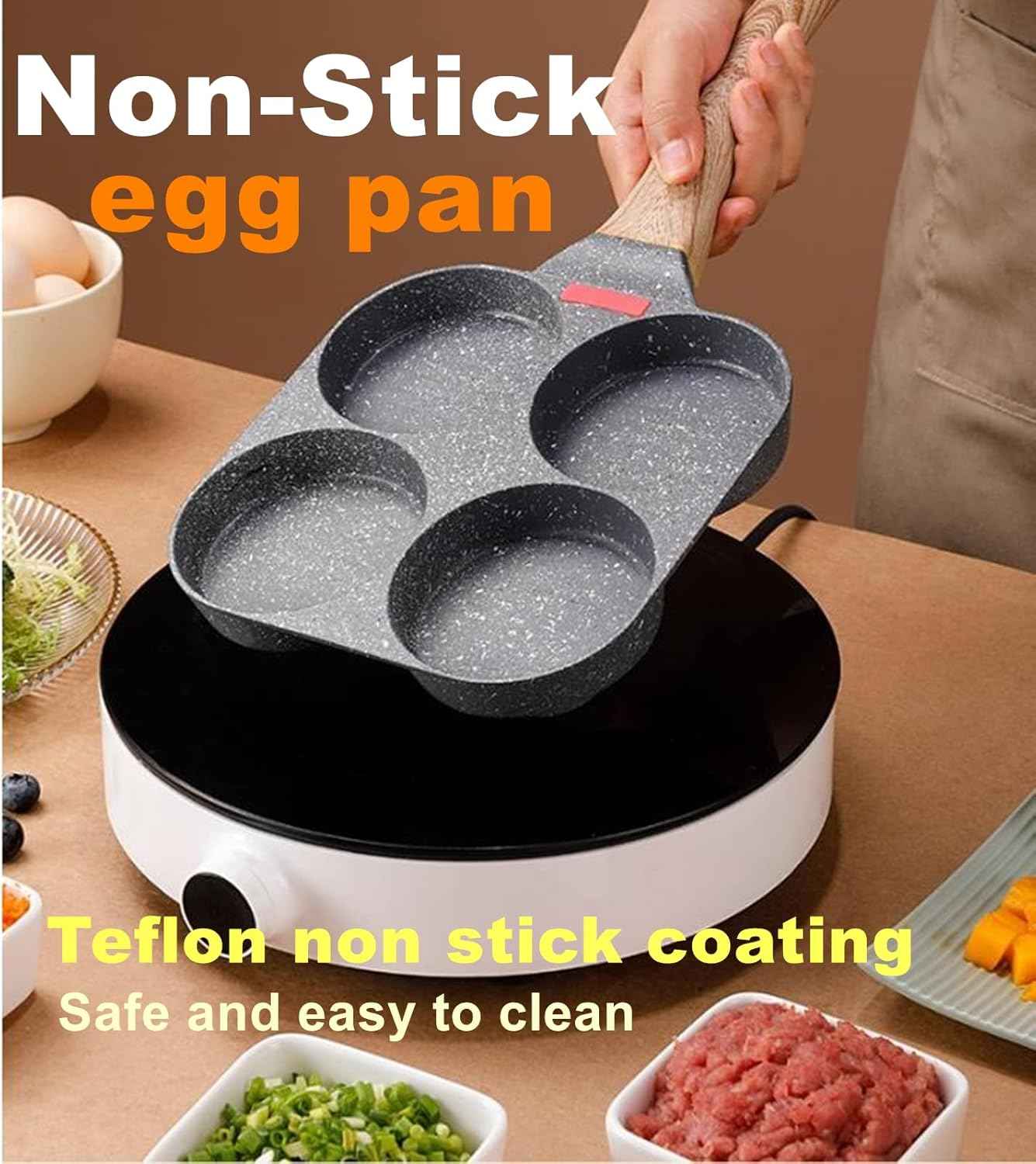 HUPECHAM 4-Cup Egg Pan Nonstick, and Granite Egg Frying Pan, Versatile Breakfast Skillet for Eggs, Pancakes, Plett, Crepes, Compatible with Gas Stove and Induction Cooktop