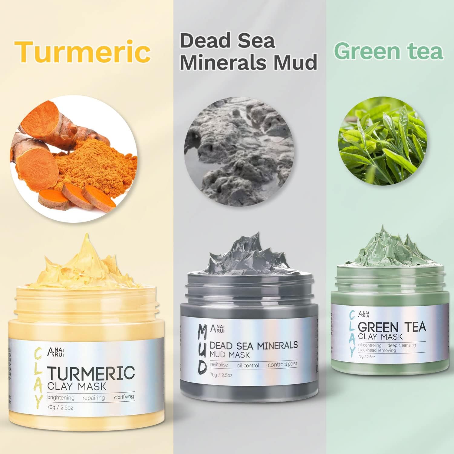 anai rui turmeric clay mask green tea clay mask dead sea minerals mud mask 3 piece facial spa gift set