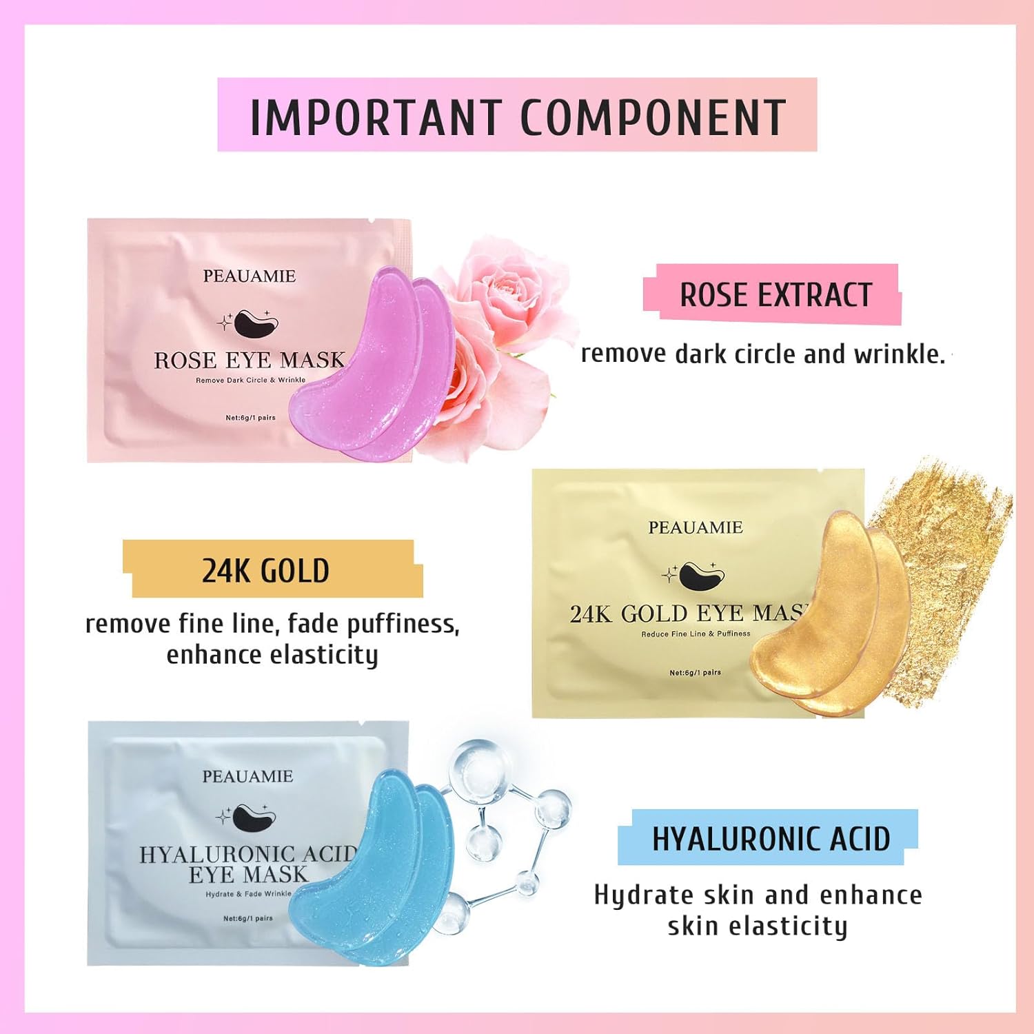 Under Eye Patches with 24K Gold and Hyaluronic Acid for puffy eyes and dark circles skin care