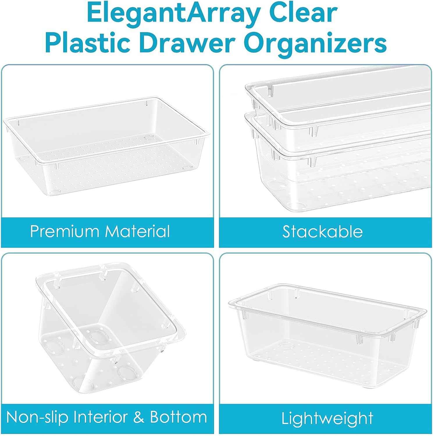 12 PCS Drawer Organizer Set, 4 Sizes Tool Storage Trays, Clear Plastic Makeup Vanity Organizer and Storage Bins for Makeup, Stationeries, Multiple Gadgets for Bathroom, Office, Bedroom