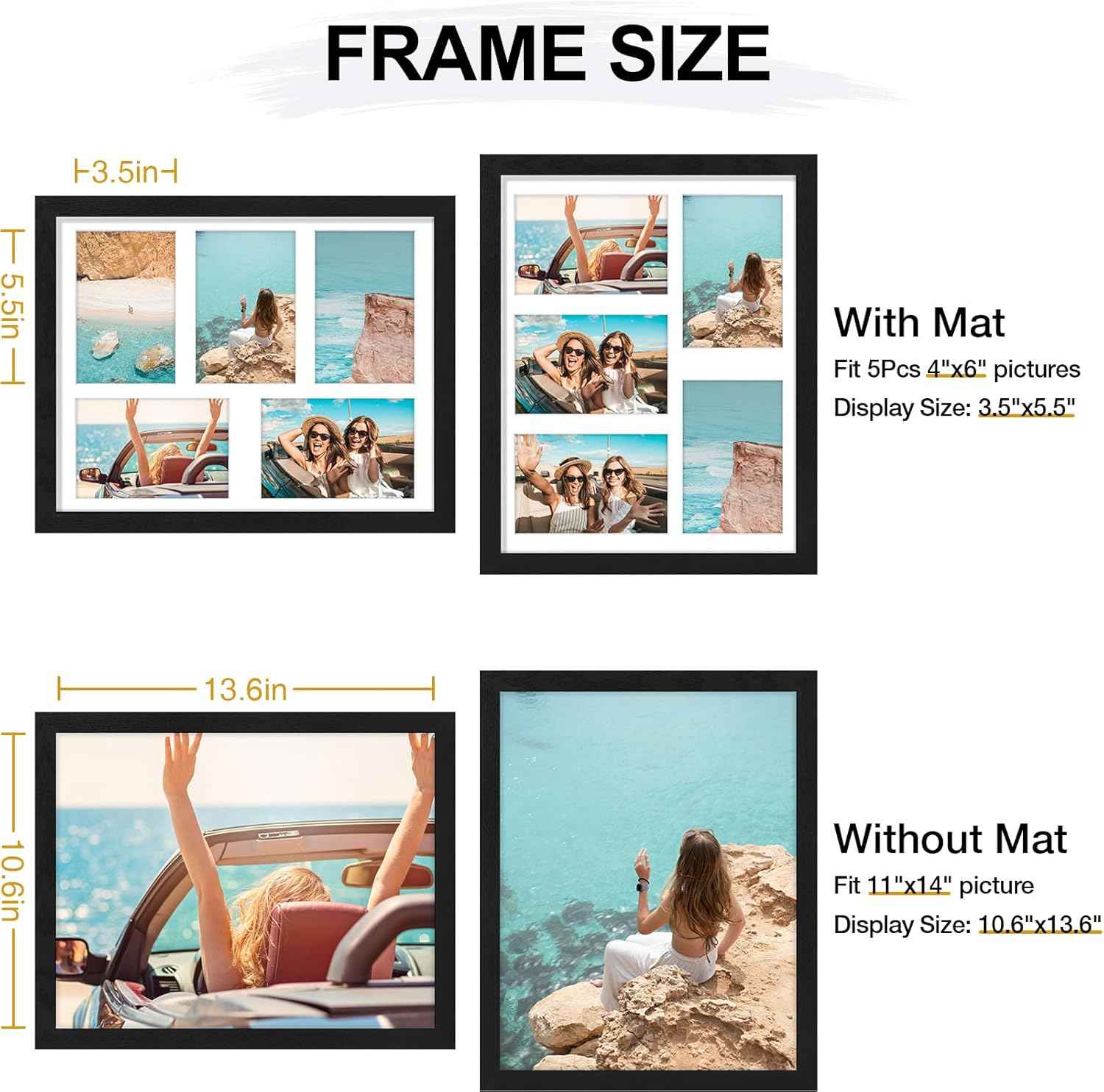 Vittanly 11x14 Collage Picture Frame, Displays 5Pcs 4x6 Pictures with Mat or 1Pcs 11x14 without Mat for Wall Mounting, Picture Frames Collage Wall Decor in Black, 1 Pack
