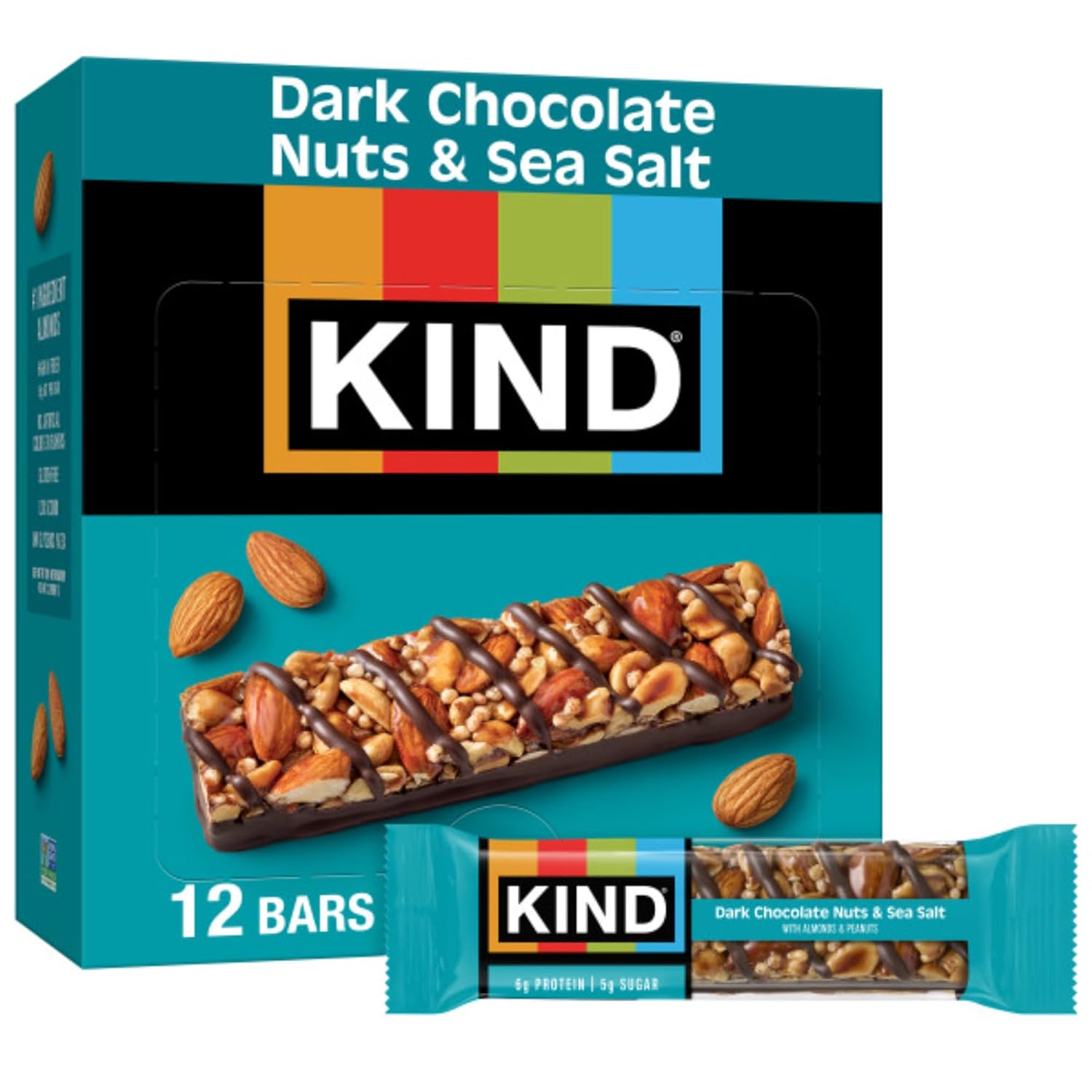 KIND Dark Chocolate Nuts and Sea Salt 12-count snack bars, gluten free, low sugar, 6g protein