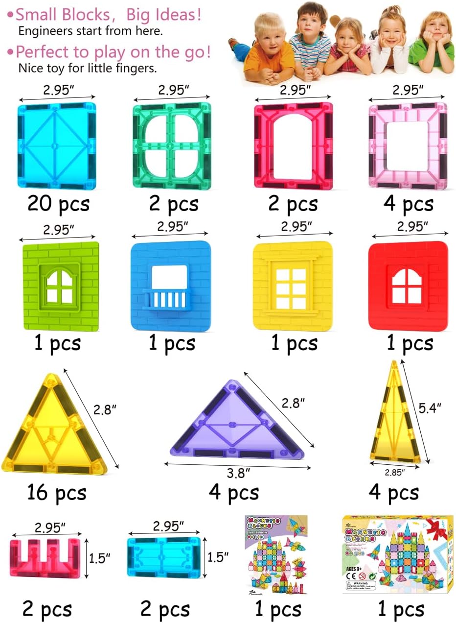 Jasonwell Magnetic Tiles Kids Magnetic Blocks 60PCS Building Sets 3D Magnet Toys Preschool Educational Construction STEM Toy Christmas Birthday Gifts for Toddlers Boys Girls 3 4 5 6 7 8 9 + Year Old