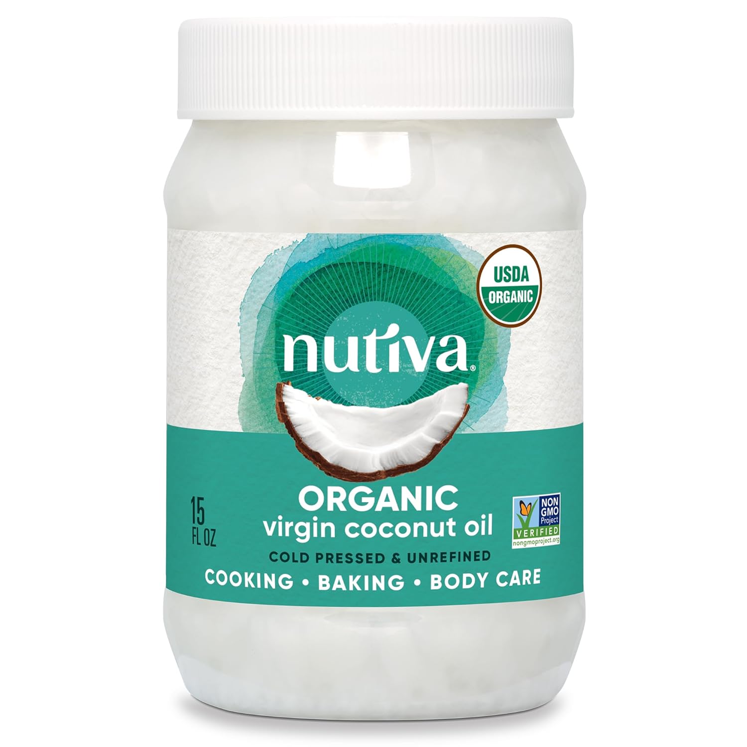 nutiva organic cold-pressed unrefined 15-ounce virgin coconut oil non-gmo sustainably farmed coconuts
