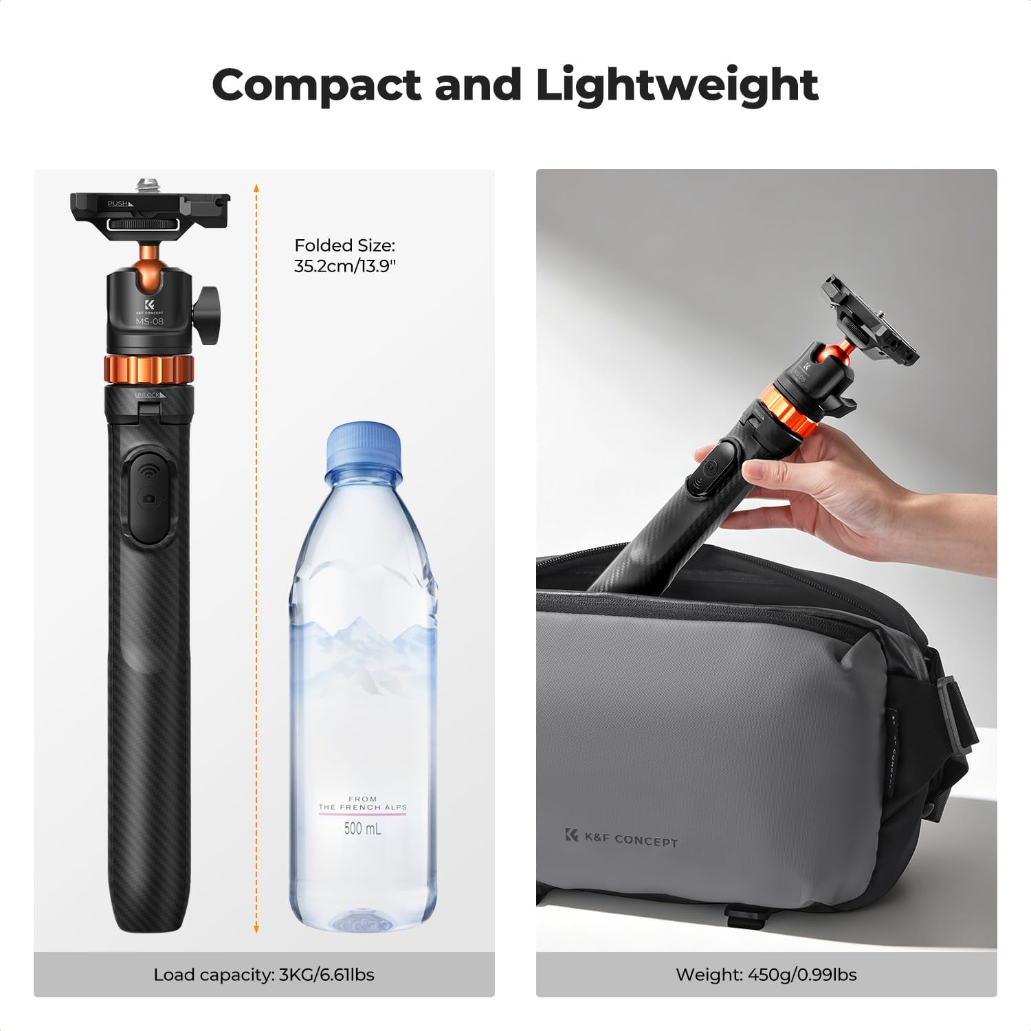K&F CONCEPT 62'' Phone Selfie Stick Tripod, 2-in-1 Extendable Cell Phone Tripod Stand with Remote, 360° Ball Head Camera Tripod Compatible with DJI Osmo Pocket 4/3 Action 6/5Pro GoPro 13/12 iPhone.