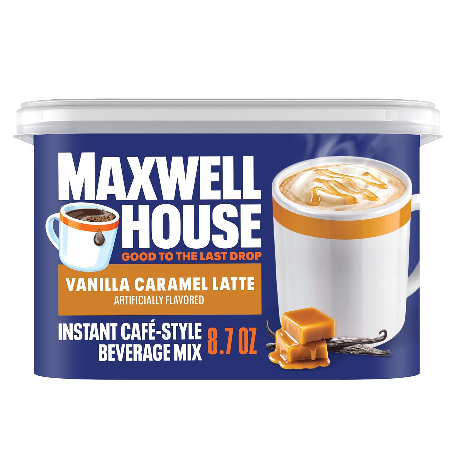 maxwell house vanilla caramel latte instant cafe-style beverage mix, 8.7 oz, kosher dairy, quick morning coffee or afternoon treat