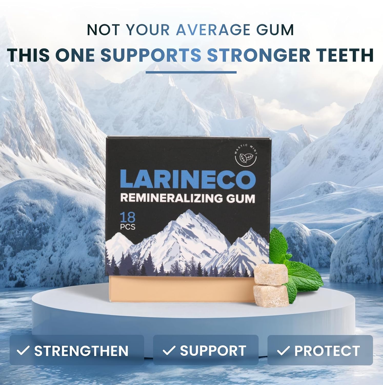 Larineco Remineralizing Gum with Nano Hydroxyapatite and Xylitol - Sugar-Free, Plastic-Free, Dye-Free - Mastic Mint, 36 Pieces