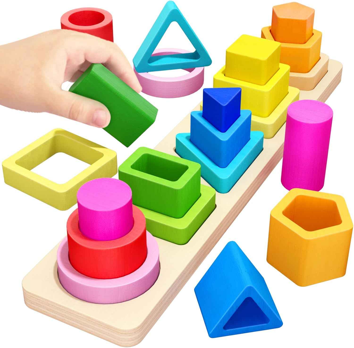 PEBIRA Montessori Toys for 1 to 3-Year-Old Boys Girls Toddlers, Wooden Sorting & Stacking Toys for Toddlers and Kids Preschool, Educational Color Recognition Shape Sorter, Learning Puzzles Gift