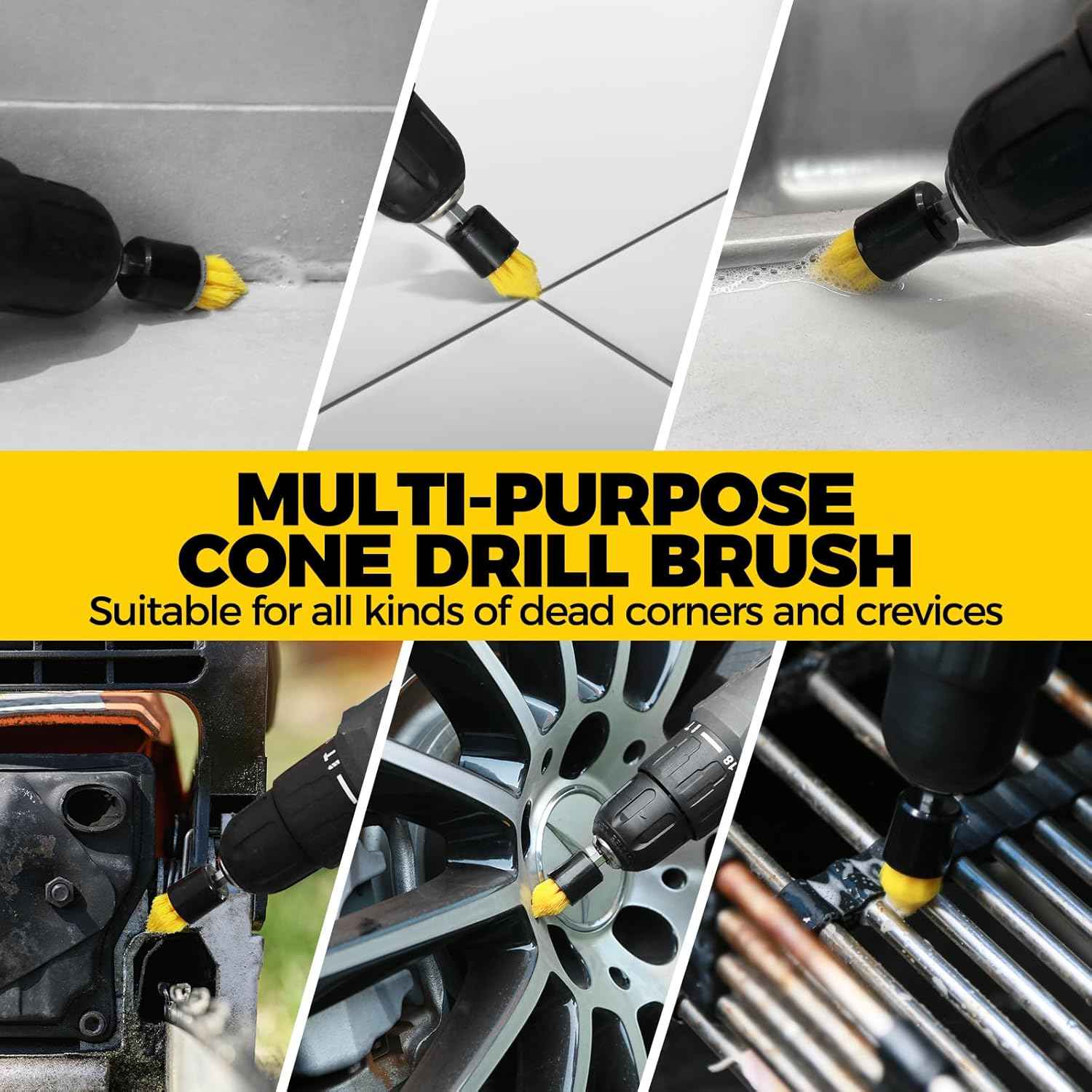 Holikme 6Pack Drill Brush Power Scrubber Cleaning Brush Extended Long Attachment Set All Purpose Drill Scrub Brushes Kit for Grout, Floor, Tub, Bathroom and Kitchen Surface,Scratch Brushes（Yellow）