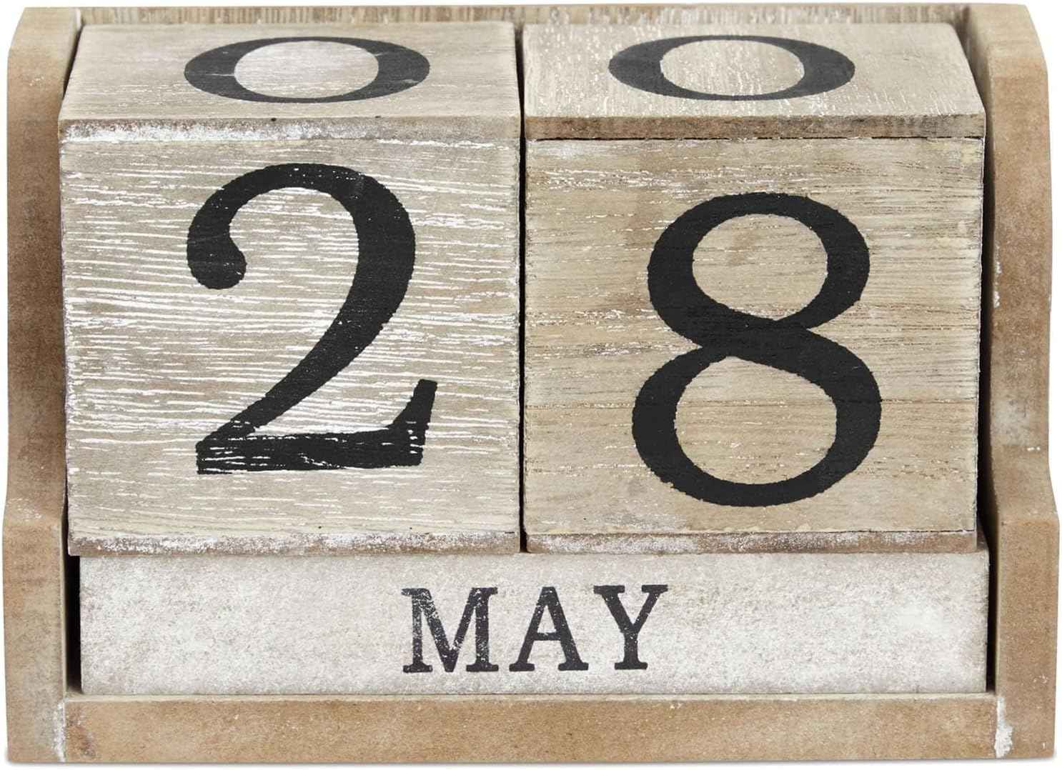 Wooden Perpetual Block Calendar for Desk, Wood Month Date Display Blocks for Teachers, Students, Classroom, Rustic Farmhouse Office Decor, Desk Accessories (5 x 4 In)