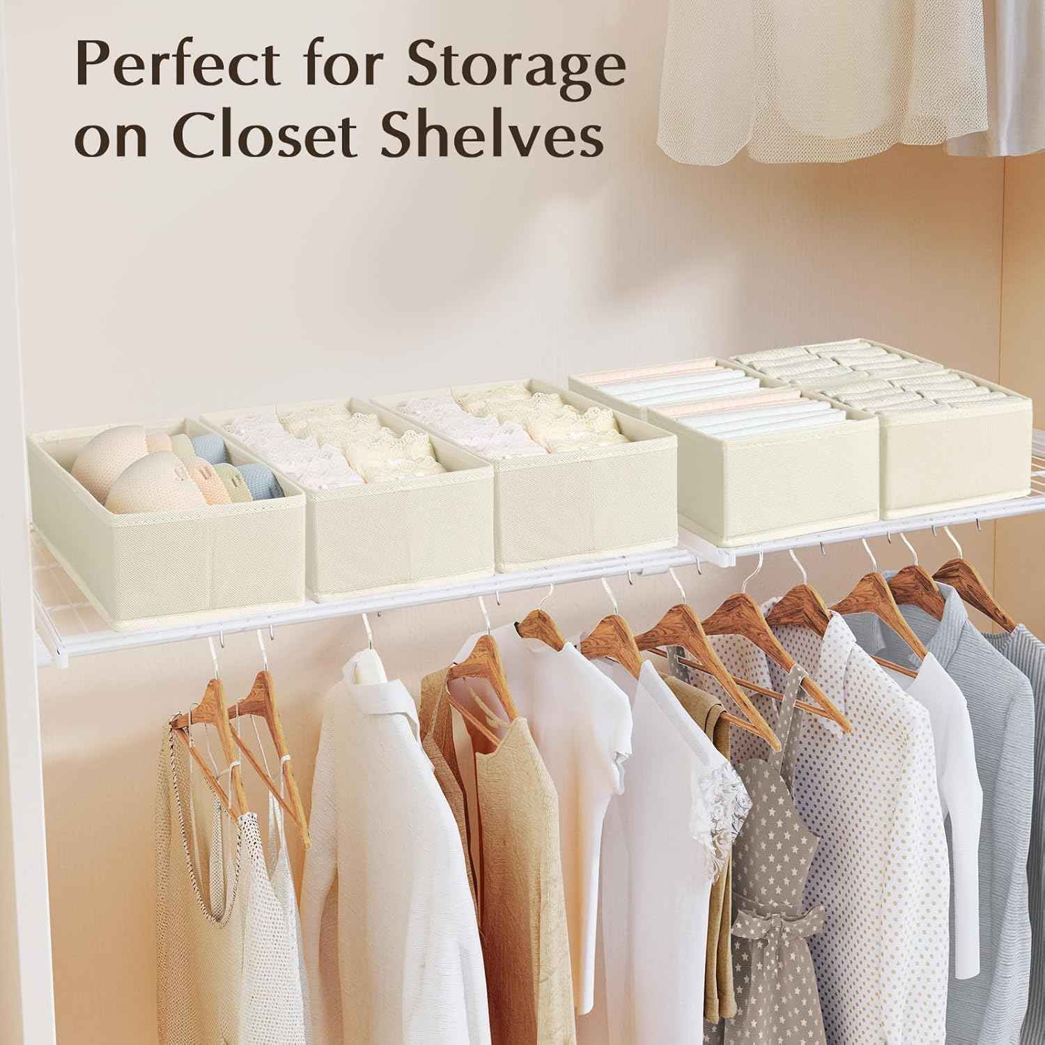 DIMJ Drawer Organizers Clothes, Set of 4 Dresser Organizer Bins, Fabric Closet Organizers and Storage, Shallow Drawer Dividers for Nursery, Clothing, Baby Clothes, Socks, Underwears, Tie (Beige)