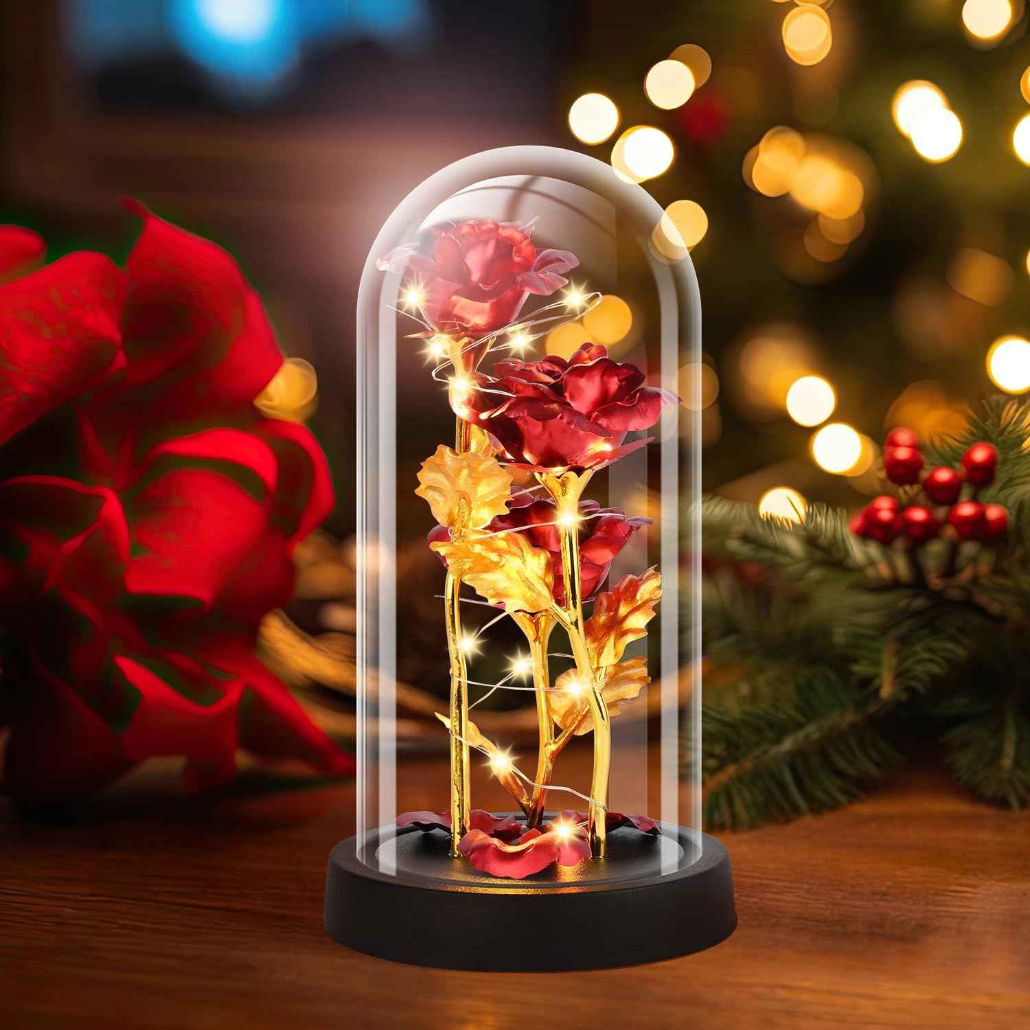 Valentines Day Rose Gifts for Her, Womens Gift for Birthday Gifts for Women Mom Wife Girlfriend, Light Up Rose in A Glass Dome, Rose Gifts for Valentines, Mothers Day, Womens Day (Red)