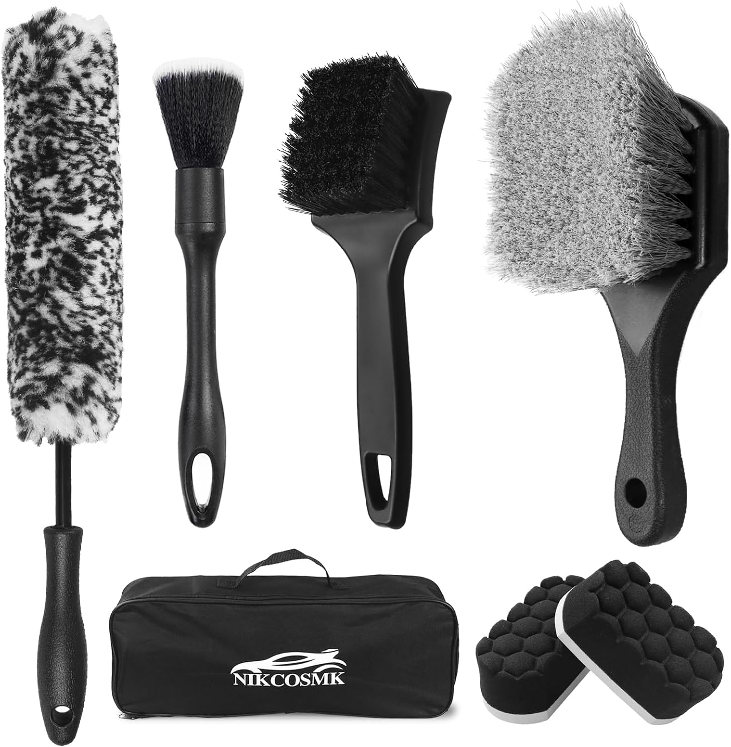 7-piece car wheel brush kit with metal-free design, soft-bristled rim cleaner, and tire shine applicator pad for gentle cleaning and detailing