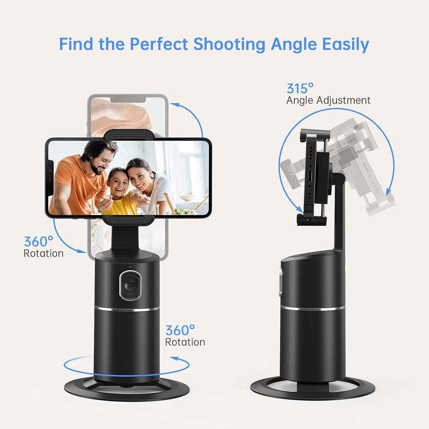camrola Auto Face Tracking Phone Holder, No App Required, 360° Rotation Face Body Phone Tracking Tripod Smart Shooting Camera Mount for Live Vlog Streaming Video, Rechargeable Battery-Black