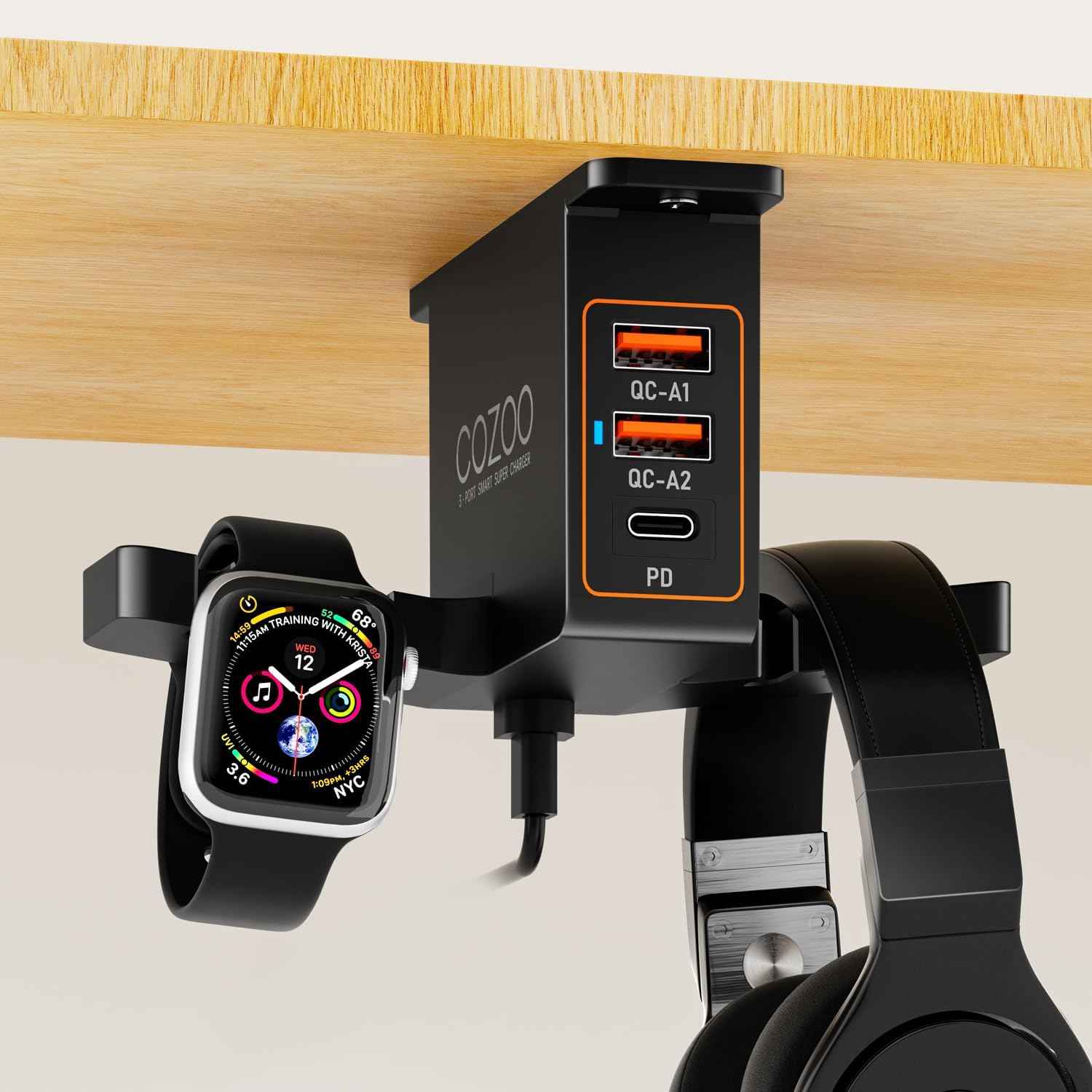 cozoo Headphone Stand with USB Charger Under Desk Headset Holder Mount 3 USB Charging Station,iWatch Stand Watch Dock Dual Earphone Hanger Hook,PC Accessories Gifts,UL Tested