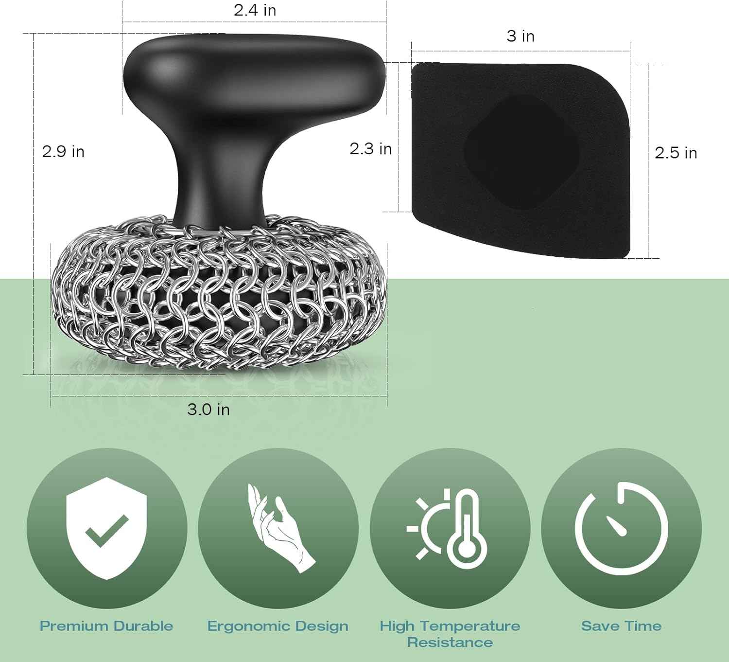 Purgreat Cast Iron Scrubber | Dish Scrub Brush | 316 Cleaner Chainmail Scrubber for Cast Iron Pan Skillet Cleaner - Dish Scouring Pad Dishwasher Safe Cleaning Kit, Black 02