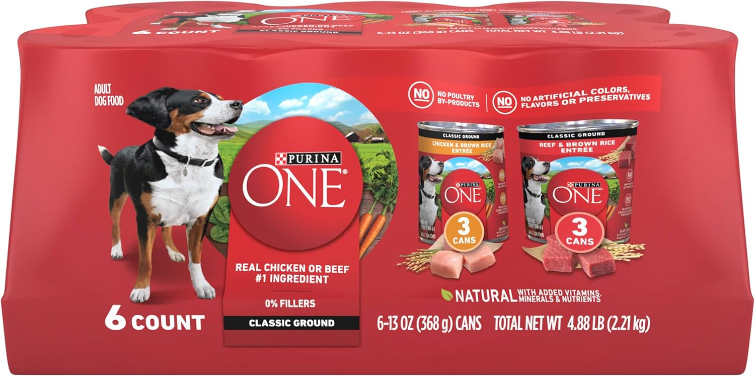 Purina ONE Classic Ground Chicken and Brown Rice, and Beef and Brown Rice Entrees Wet Dog Food Variety Pack, 6 count, 13 oz cans