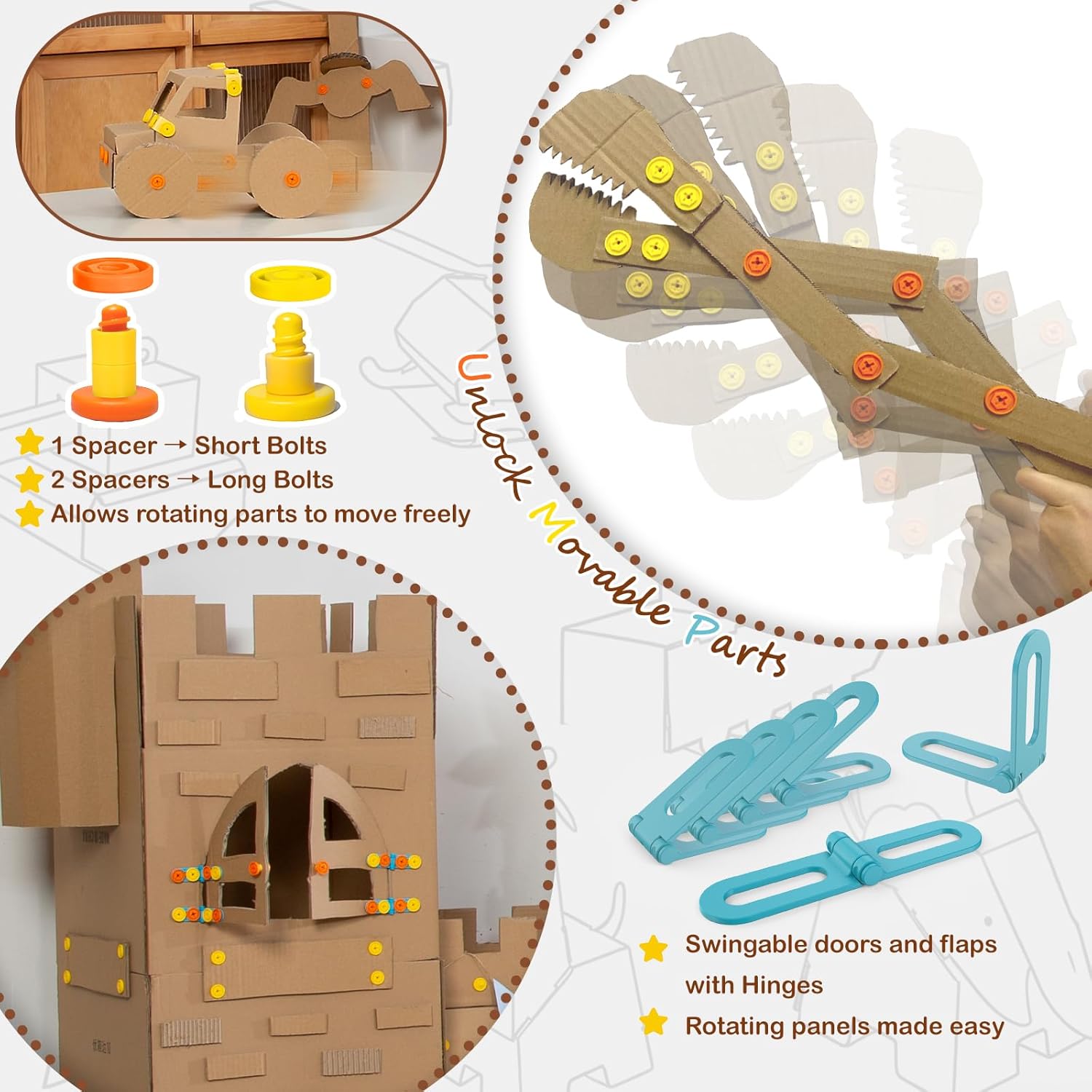 Cardboard Construction Kit - 401 PCS Kids Building Set with Safe Serrated Cutter, Crease Roller, Screws & Nuts, STEM Upcycled Tool for DIY Cardboard Projects, Engineering & Creativity