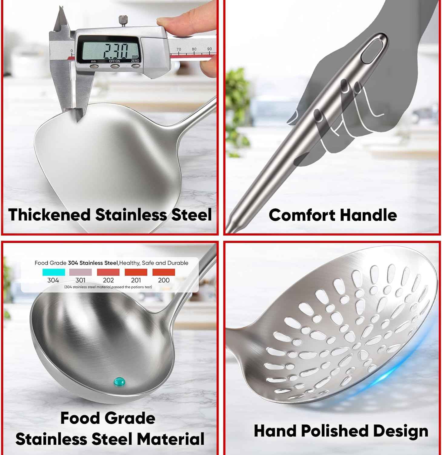 Newness 16 Pcs Cooking Utensils Set, 304 Stainless Steel Kitchen Utensils Set, Metal Kitchen Accessories, Include Soup Ladle, Slotted Skimmer Spoon, Spaghetti Spoon and Spatula, Dishwasher Safe