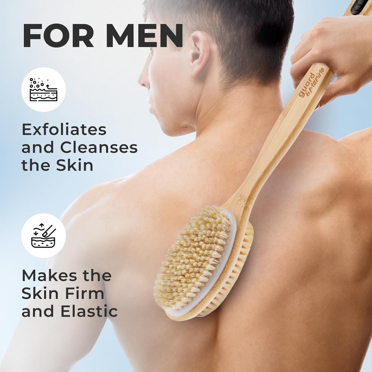 GUARD&MARINE Wooden Back Washer for Men & Women, Long Handle Shower & Bath Brush with Non-Slip Inserts