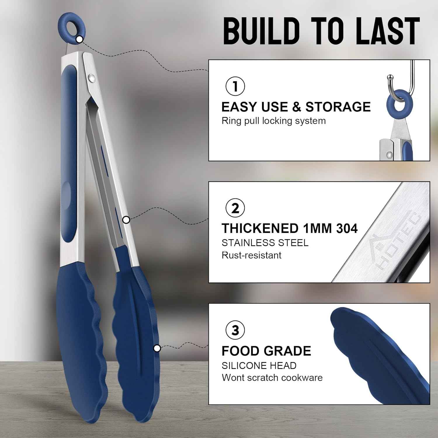 HOTEC Premium 7 & 9 Inch Kitchen Tongs, Stainless Steel Locking Cooking Tongs with Silicone Tips, Non-Scratch & Heat Resistant, Serving Tongs for Salad, BBQ, Classic Blue, Set of 2