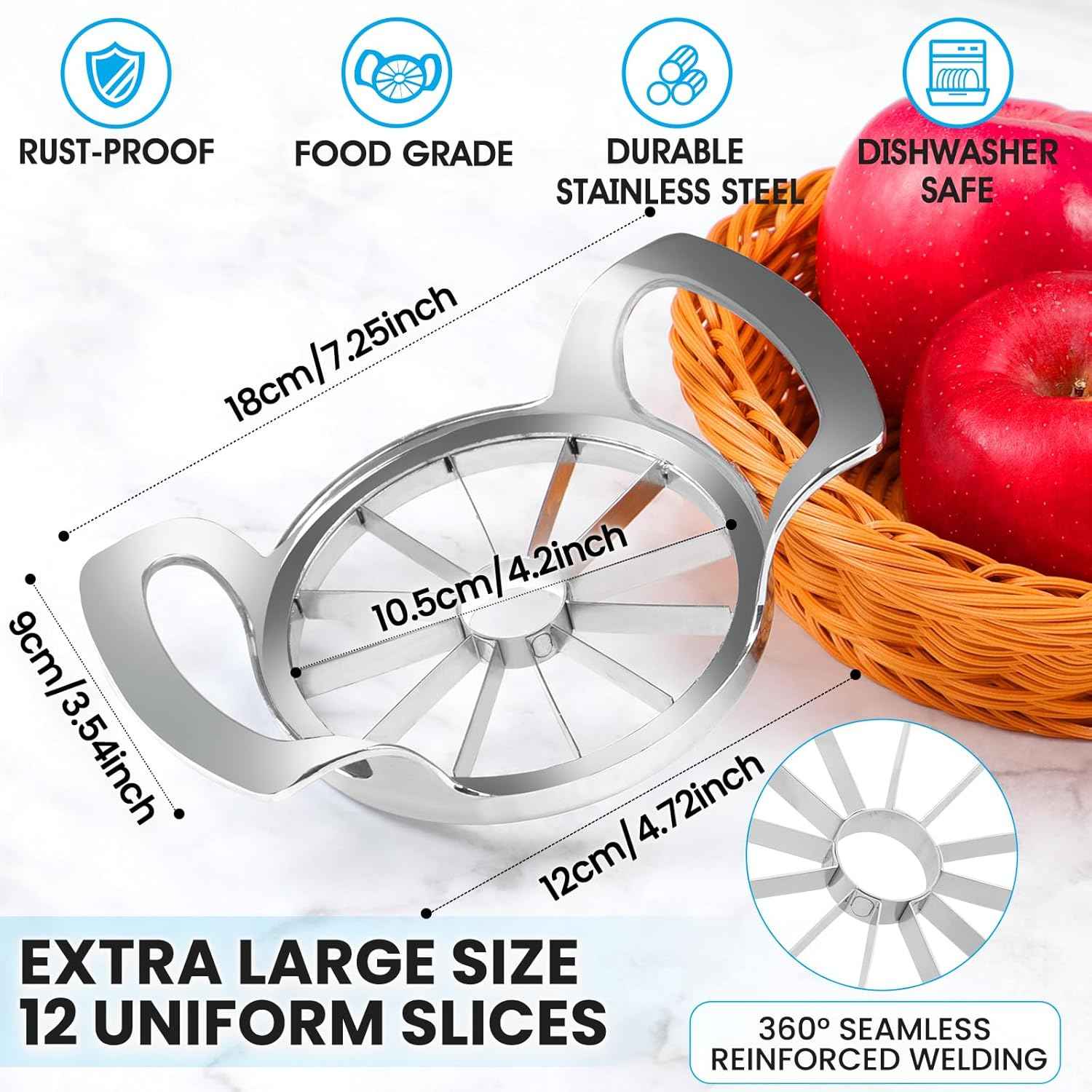 4.72 Inch Extra Large Apple Slicer with 12 Blades - Professional Heavy Duty Apple Cutter -304 Stainless Steel Apple Corer Tool - Sharp Apple Slicer and Corer - Easy to Use - Dishwasher Safe