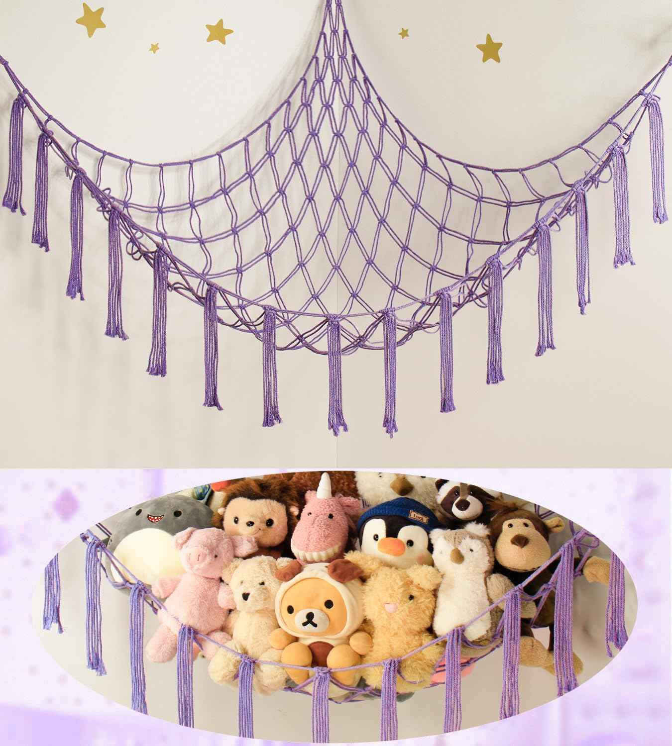 Stuffed Animal Hammock Corner Storage Net Cute Preppy Trendy Stuff Gifts for Teen Girls Baby Room Living Room House Wall Nursery Decor Rainbow Color Colorful Unicorn Hanging Organizers Organization