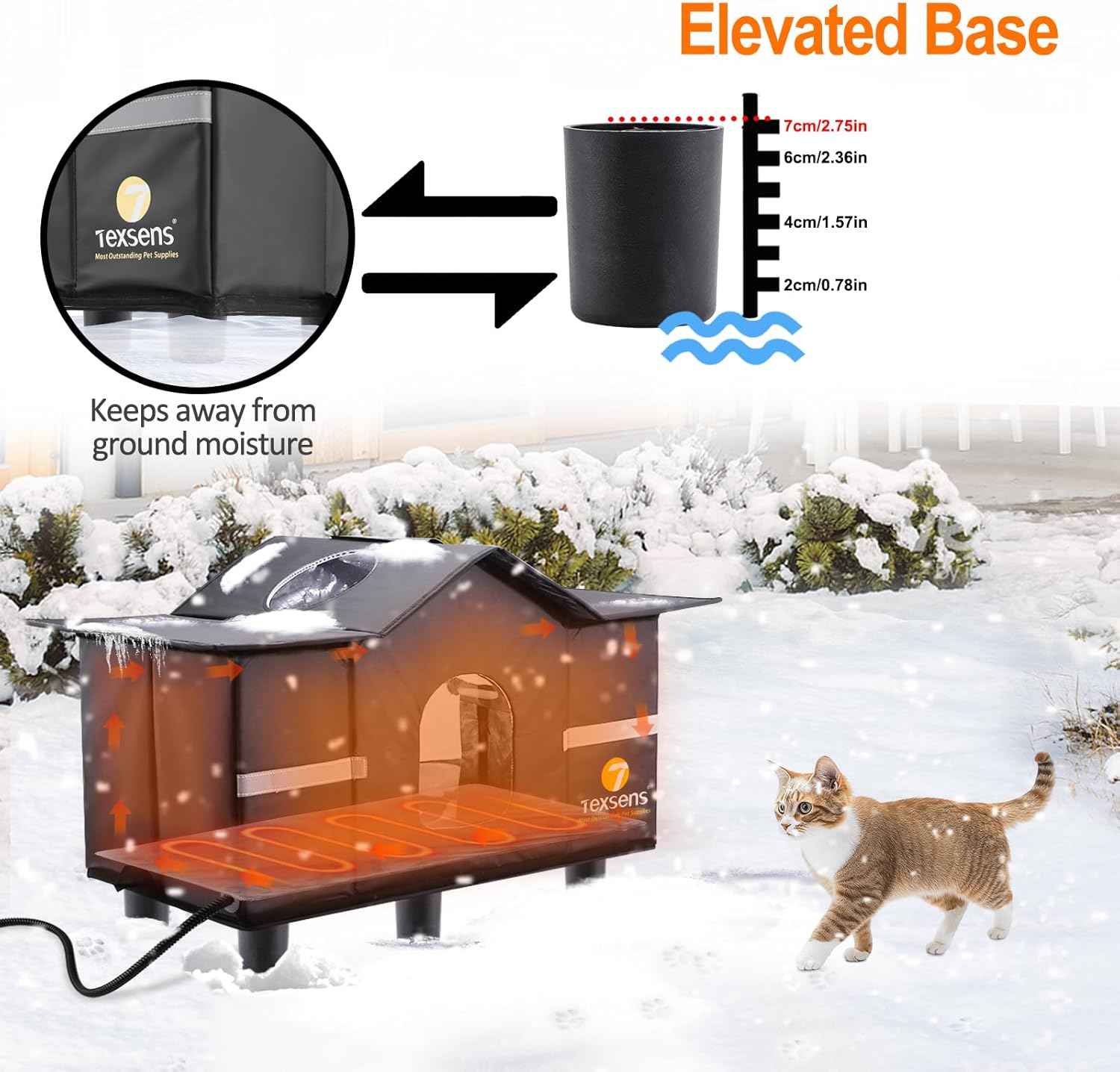 Texsens Heated Cat House for Outside - Weatherproof Large Outdoor Cat Shelter with Roof Window & Cozy Cushion - Ideal for Stray/Feral Cats