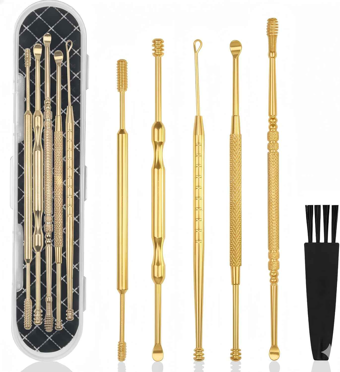 Hion 6 Pcs Extended Ear Wax Removal Kit,Professional Double-Headed Ear Pick Earwax Removal Tools,316L Stainless Steel Ear Cleaner Curette with Cleaning Brush and Storage Box,Suit for Kid Adult(Gold)