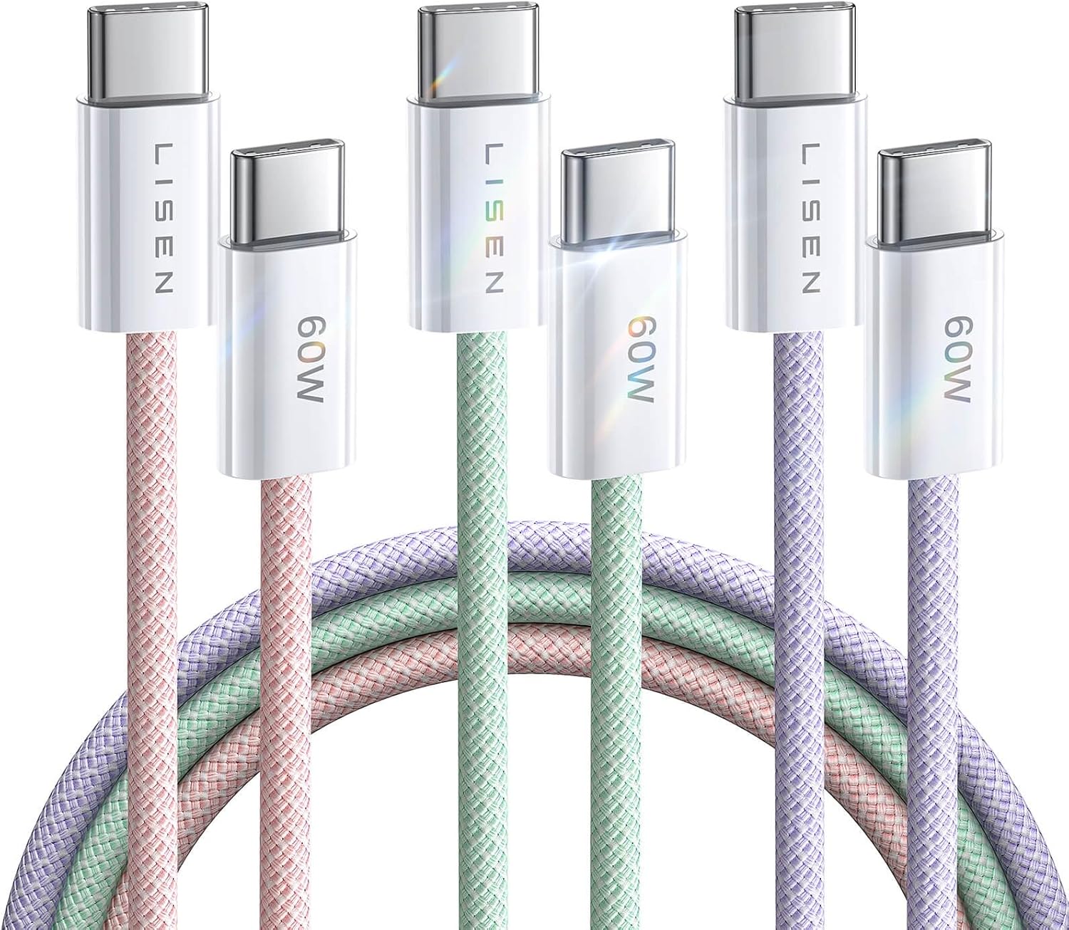 Lisen 5-pack usb c to c cable, 60w fast charging, 10ft for iphone 17, ipad, galaxy s25/s24