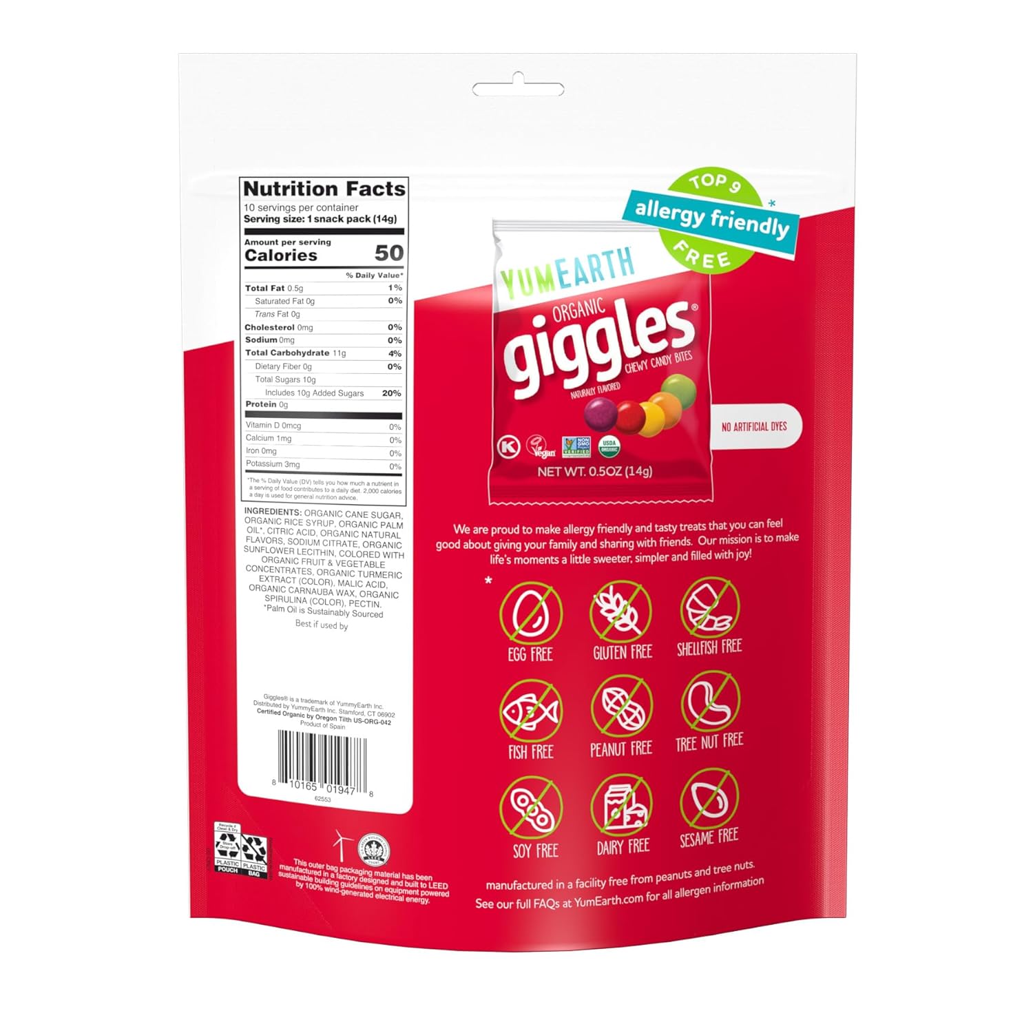 yumearth organic giggles 0.5 ounce allergy friendly candy pack of 10 individually wrapped
