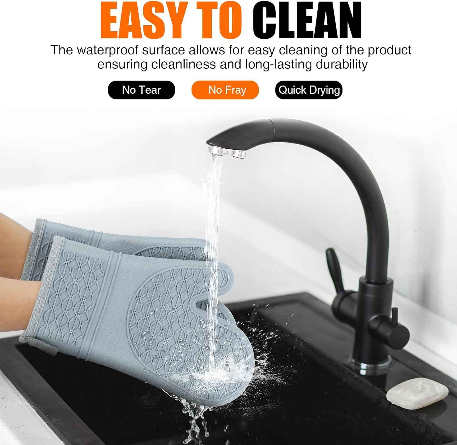 Silicone Oven Mitts, Heat Resistant 2PCS Oven Mitts with Soft Cotton Lining, Waterproof Non-Slip Grip Oven Glove, Kitchen Potholder Mits for BBQ, Baking, Cooking, 12.5 Inch - Grey