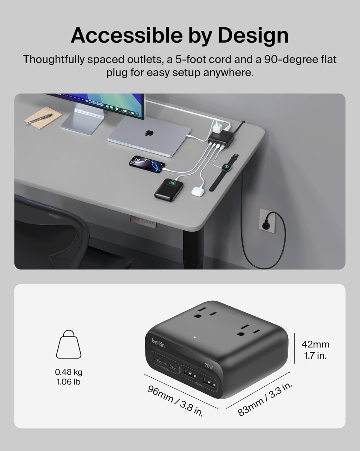 Belkin GaN Charging Station 70W, 7-in-1 Dual USB C Charger w/ 3x AC Outlets, 2x USB A Ports, Power Strip, iPhone Charger Fast Charging, Apple Watch, iPad, MacBook, Chromebook, Samsung Galaxy, Pixel 10