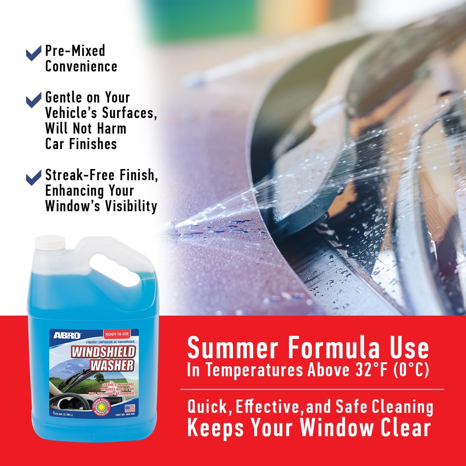 abro windshield washer fluid 1 gallon pre-mixed streak-free cleanliness 2-in-1 bug tar removal