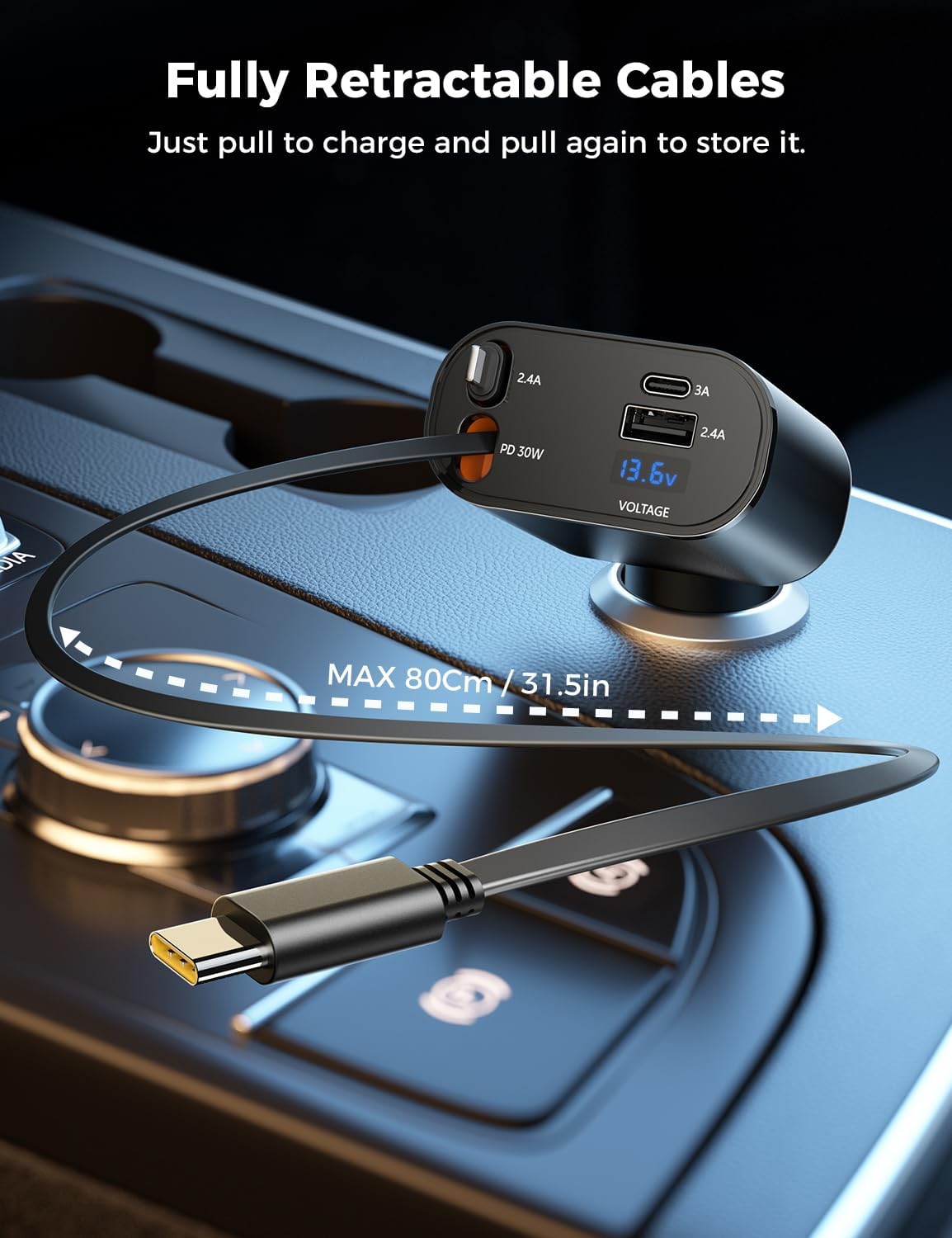 【Upgraded】 SUPERONE Retractable Car Charger 4 in 1, Fast Car Phone Charger with Cord 2.6ft, USB C and Apple Car Adapter, Compatible with iPhone 17 16 15/15 Pro Max/14/13/12/11, Galaxy, Pixel - Rayz Mart