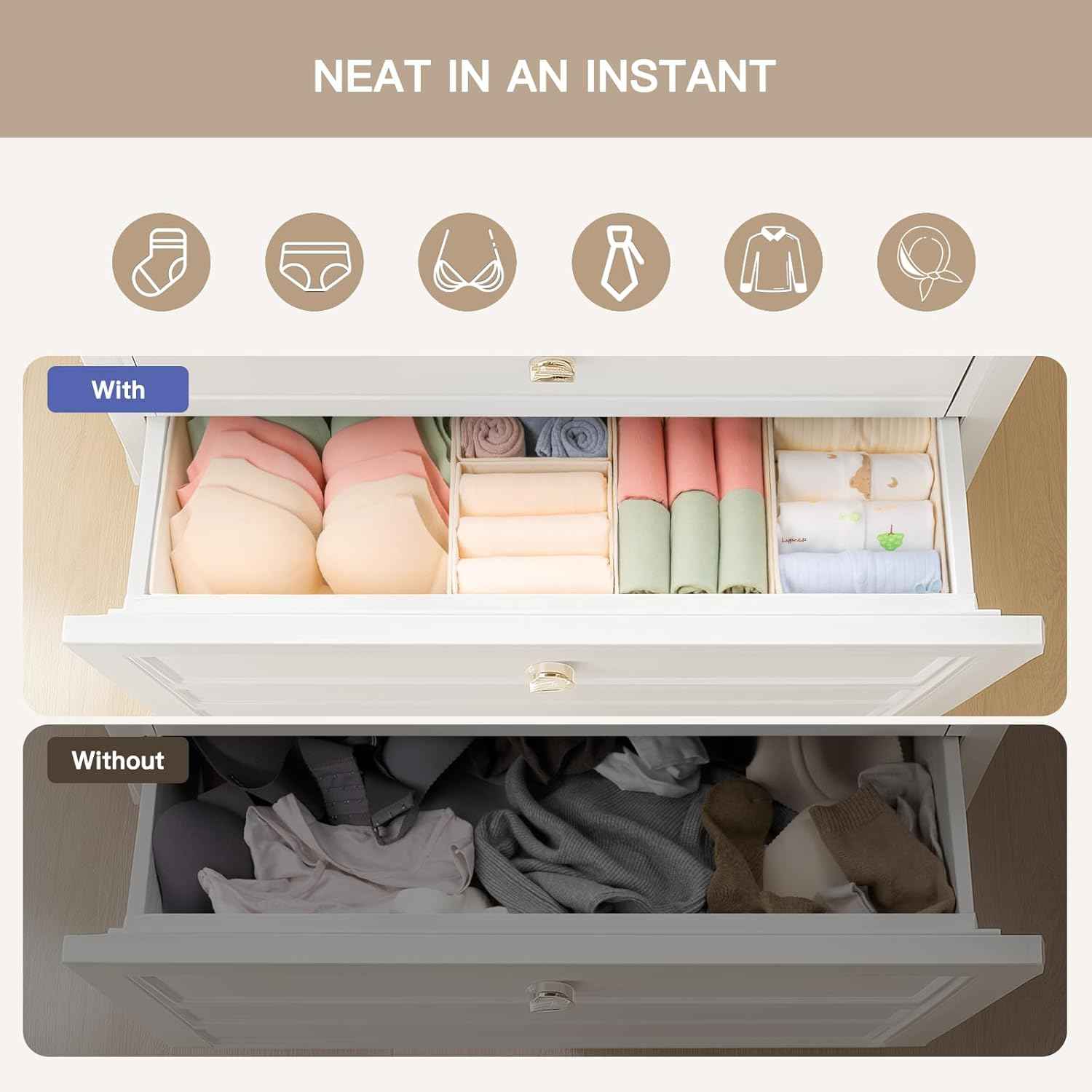 Criusia Drawer Organizer Clothes, 10 Pack Dresser Organizer for Baby Clothes, Underwear, Sock- Foldable Closet Organization and Storage Dividers Bins for Nursery, Bedroom (Beige)
