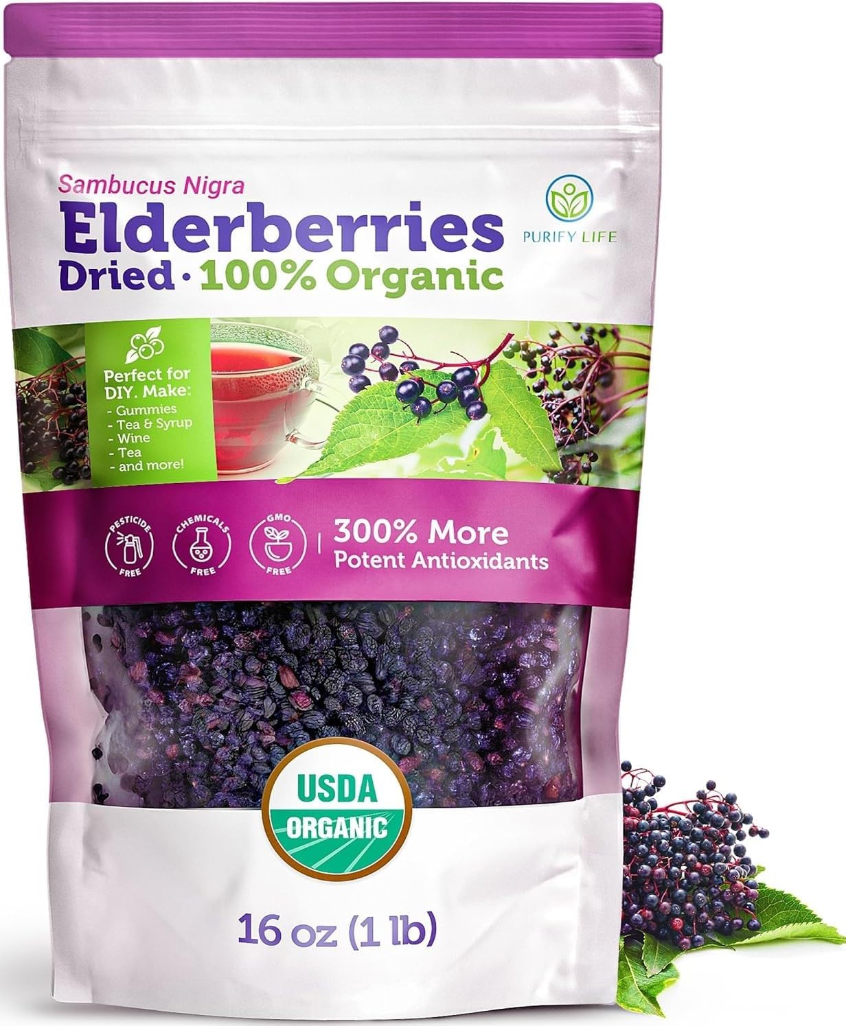 usda-certified 100% organic dried elderberries 1lb bulk non-irradiated non-gmo whole black elderberry