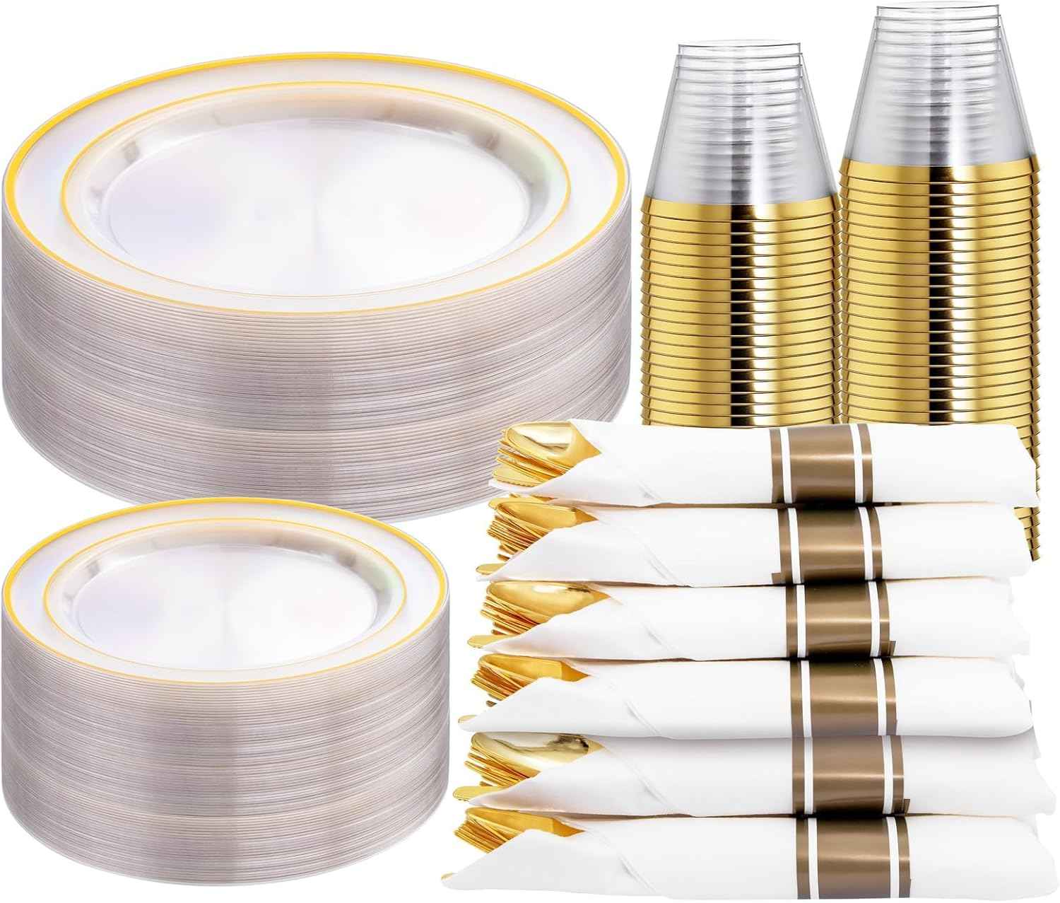 WELLIFE 700 Pieces Gold Plastic Dinnerware Set for 100 Guests - Includes Plates, Cups, Napkins, and Disposable Cutlery - Elegant White & Gold Design, Perfect for Parties and Events