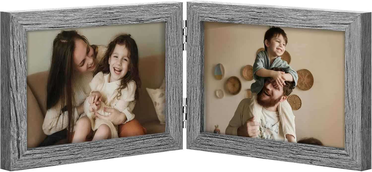 decorUhome Double 4x6 Picture Frame Vertical, Engineered Wood Bifold Photo Frame with Plexiglass for Tabletop Display, 4x6, Black