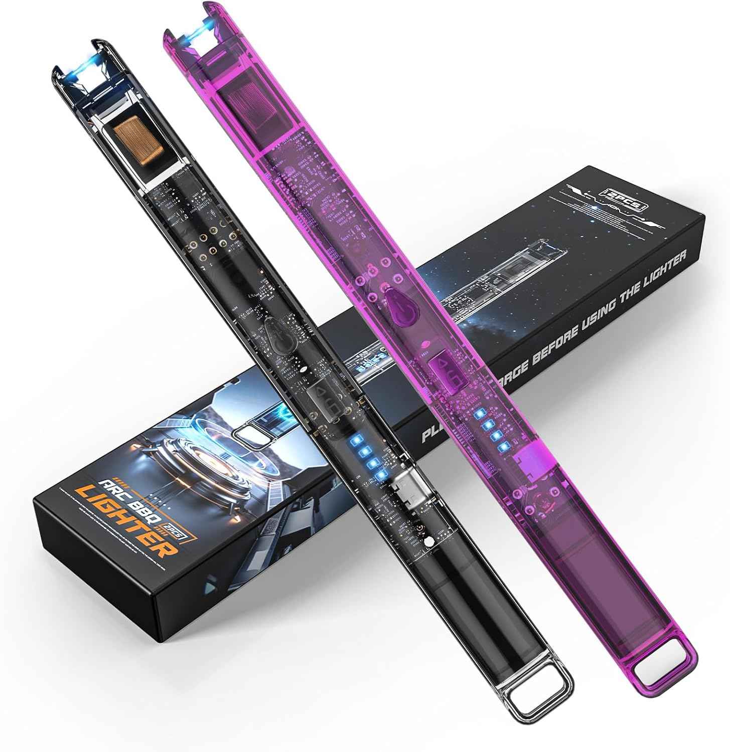 KTEBO 2 Pack Electric Candle Lighters - Rechargeable USB-C Arc Lighters with LED Display & Transparent See-Through Tech Design, Windproof Long Lighter for Candles,BBQ,Camping,Stoves,Stocking Stuffers