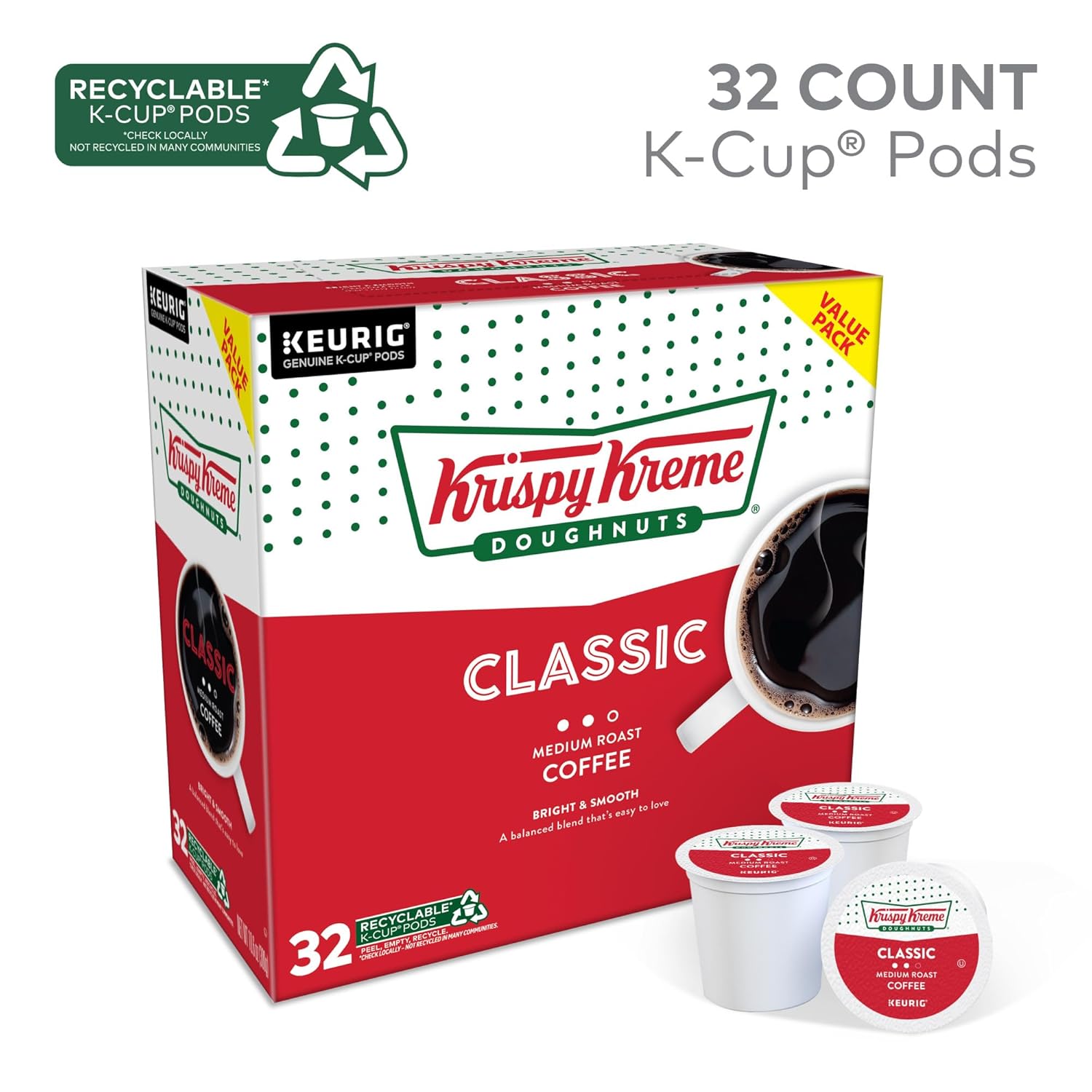 Krispy Kreme Medium Roast Single-Serve Keurig K-Cup Pods, 32 Count, Orthodox Union Kosher